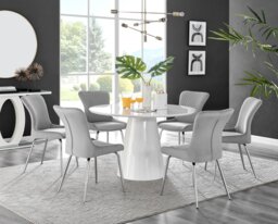Palma White High Gloss Round Dining Table & 6 Nora Silver Leg Chairs - thumbnail 1