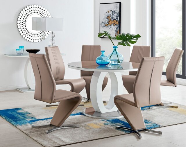 Giovani Grey White High Gloss And Glass Large Round Dining Table And 6 Willow Chairs Set - image 1