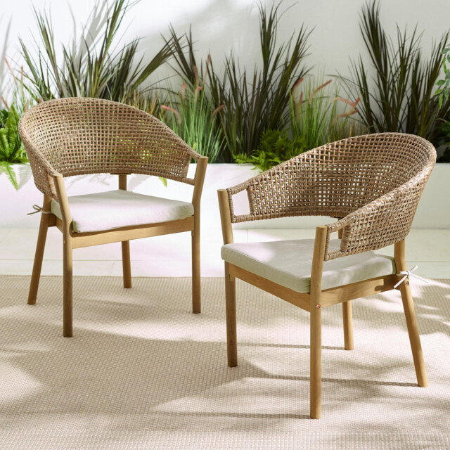 2x Asa Wood, Wicker & Cream Garden Dining Chairs - image 1
