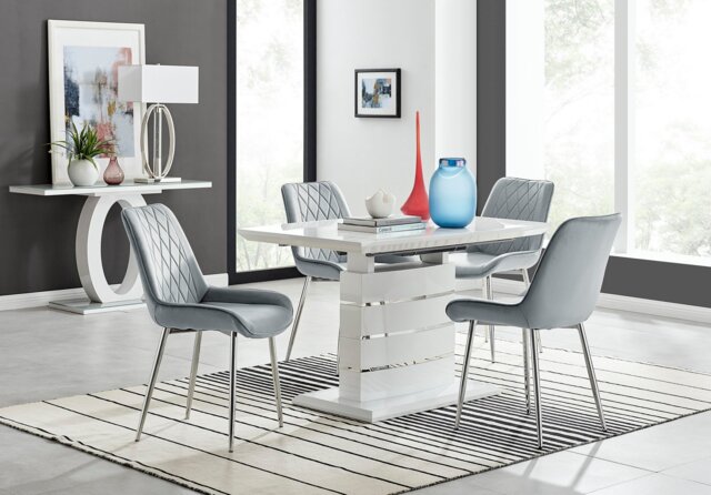 Renato 120cm High Gloss Extending Dining Table and 4 Pesaro Silver Leg Chairs - image 1