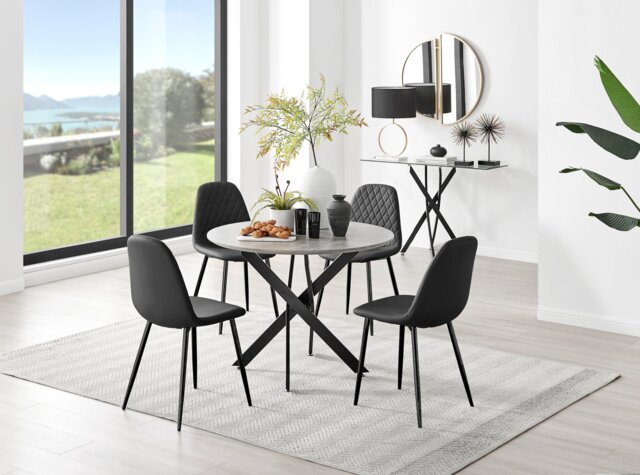 Novara Grey Concrete Effect Black Leg Round Dining Table & 4 Corona Black Leg Chairs - image 1
