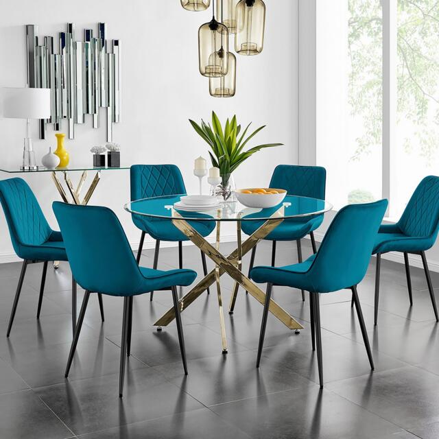 Novara 120cm Gold Round Dining Table and 6 Pesaro Black Leg Chairs - image 1