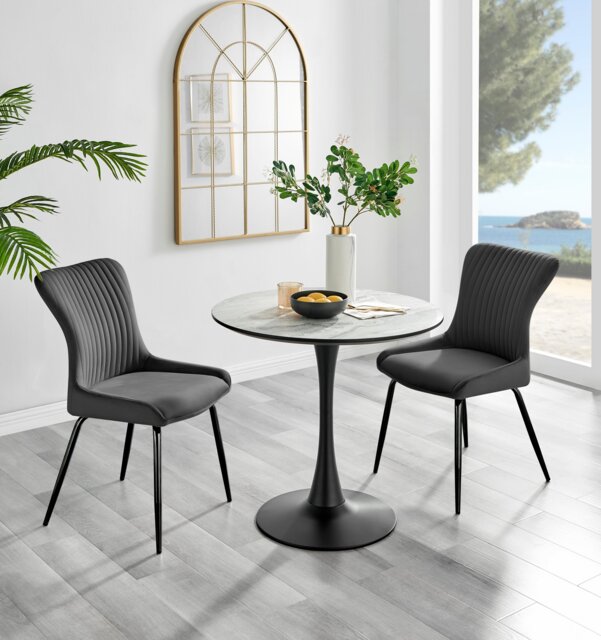 Elina White Marble Effect Round Dining Table & 2 Nora Black Leg Chairs - image 1
