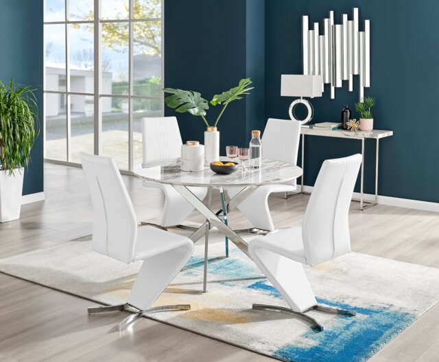 Novara White Marble 120cm Round Dining Table & 4 Willow Chairs - image 1