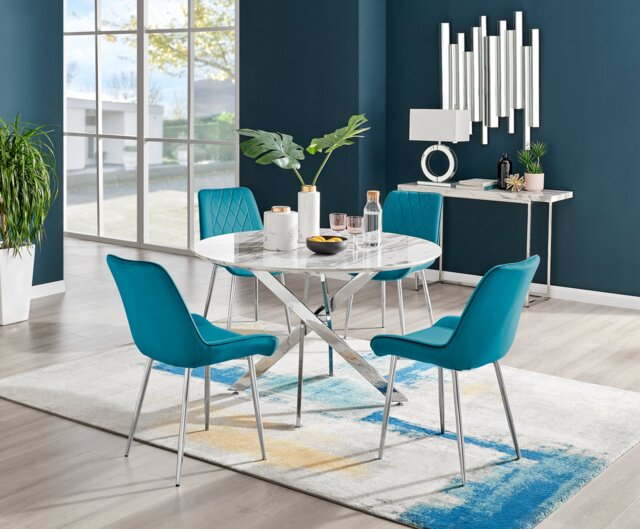Novara White Marble 120cm Round Dining Table & 4 Pesaro Silver Leg Chairs - image 1