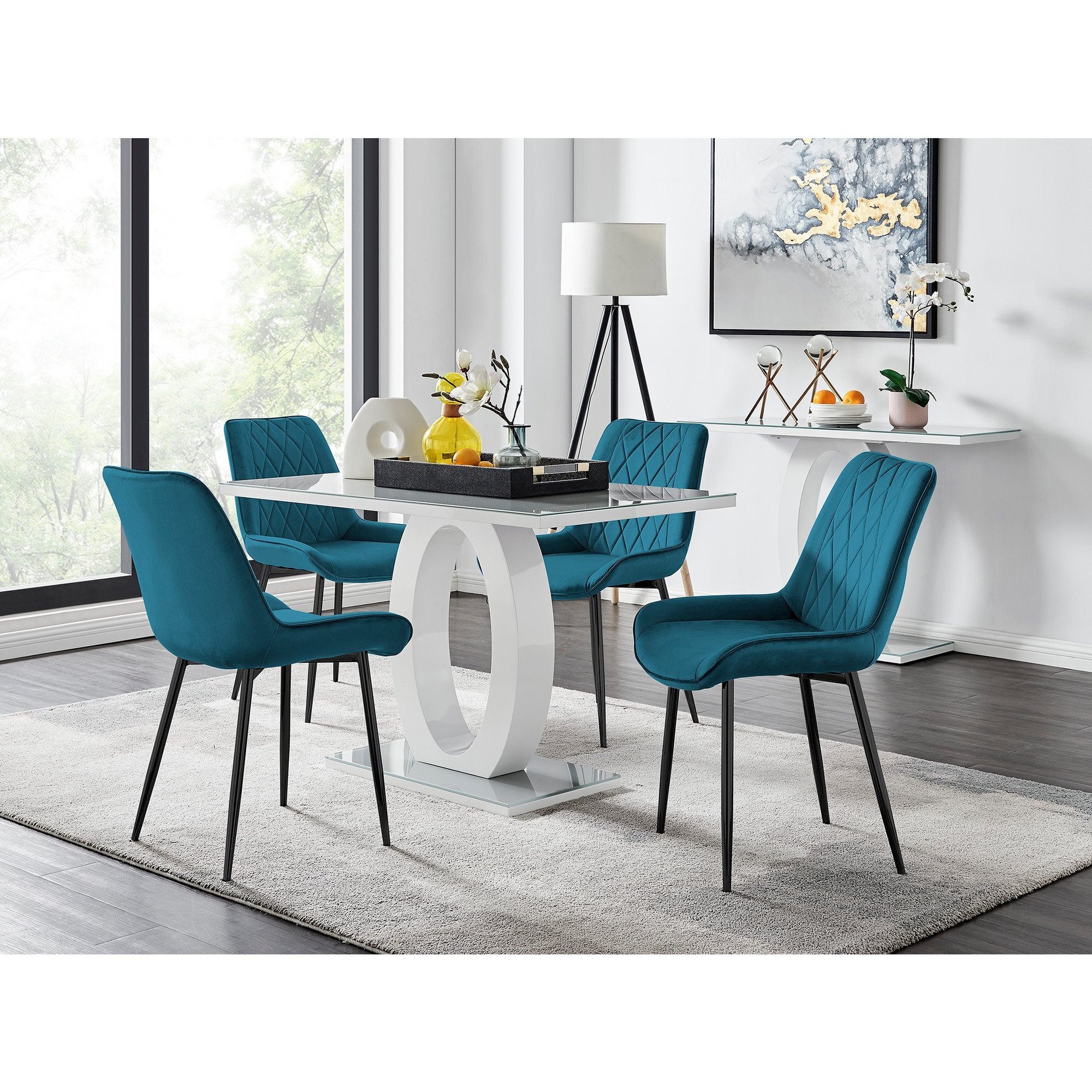 Giovani 4 Grey Dining Table & 4 Pesaro Black Leg Chairs