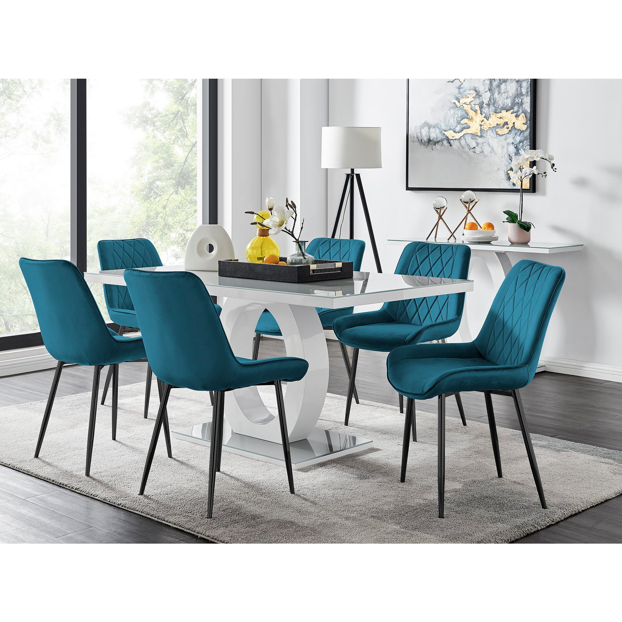 Giovani 6 Grey Dining Table & 6 Pesaro Black Leg Chairs