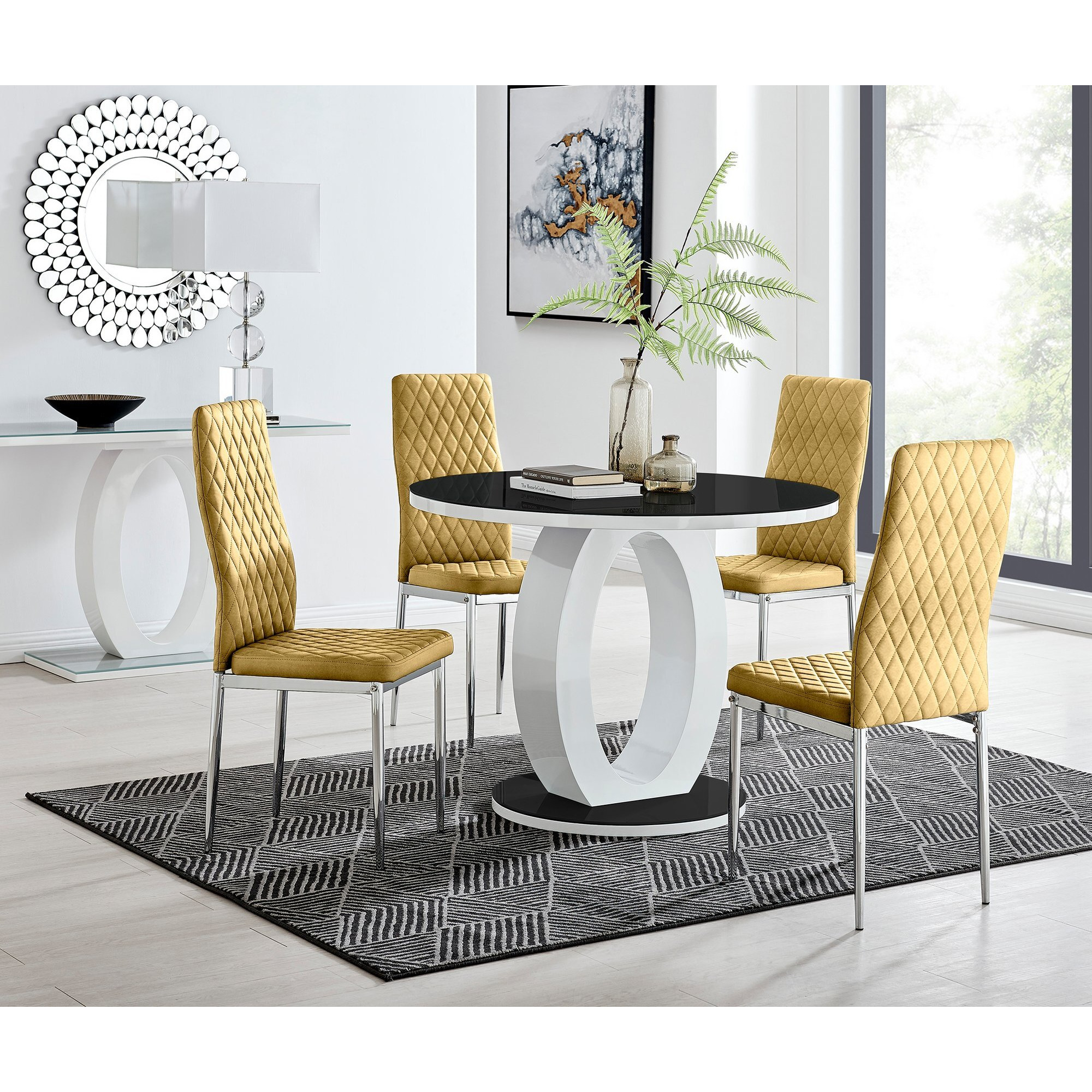 Giovani Round Black 100cm Table and 4 Velvet Milan Chairs