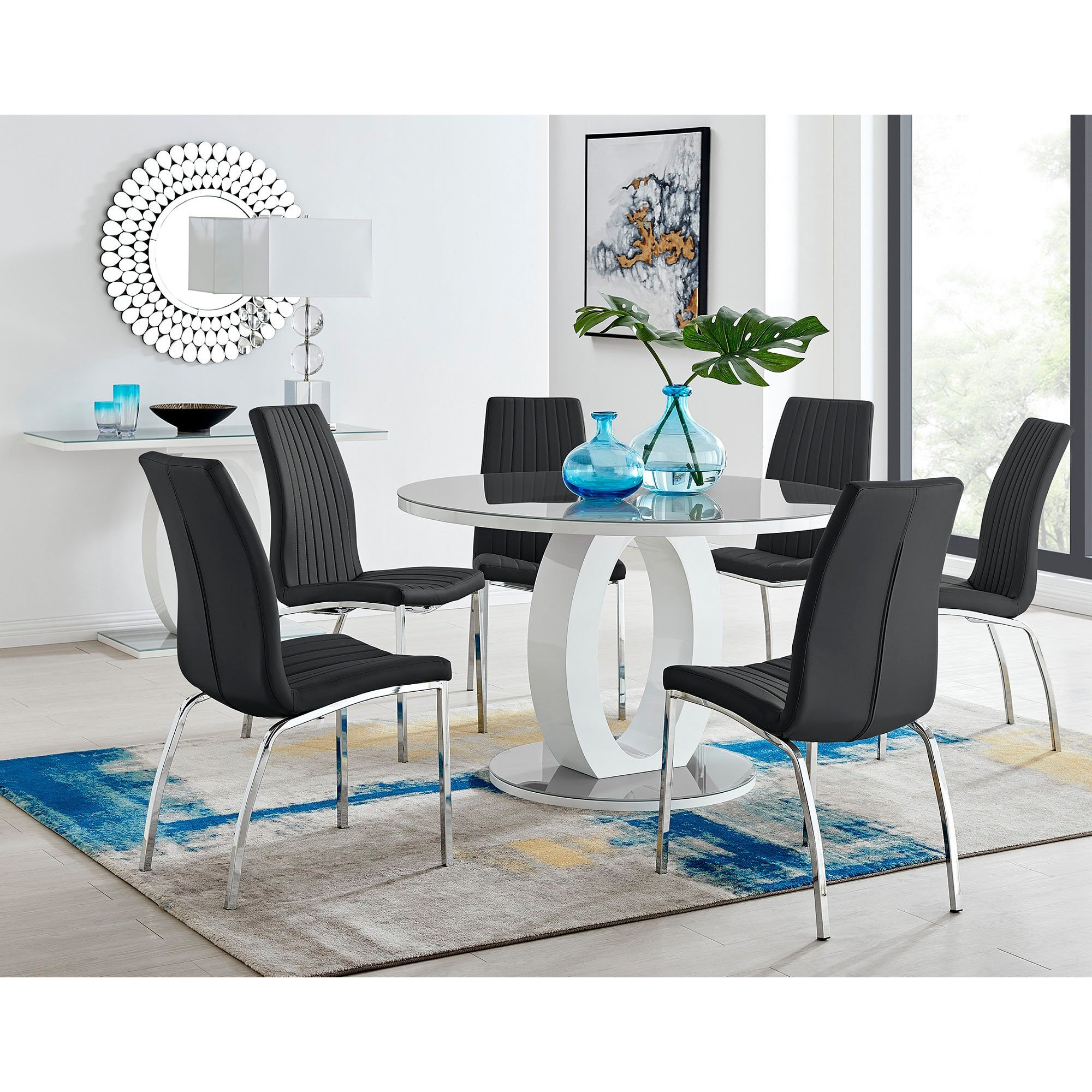 Giovani Grey White High Gloss And Glass Large Round Dining Table And 6 Isco Chairs Set