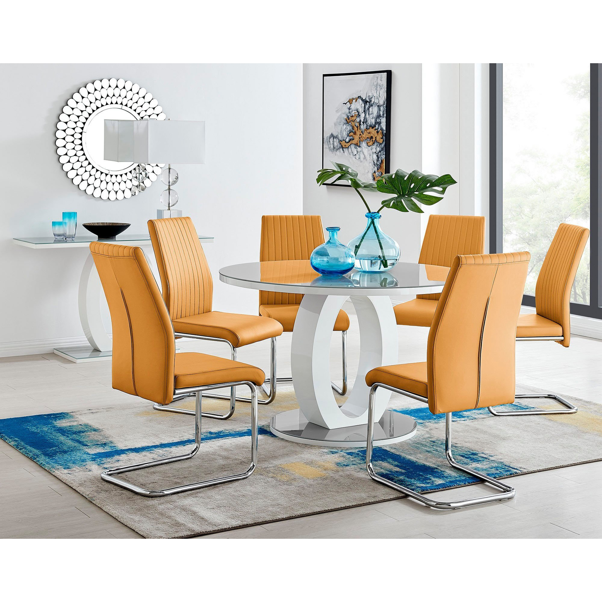 Giovani Grey White High Gloss And Glass Large Round Dining Table And 6 Lorenzo Chairs Set