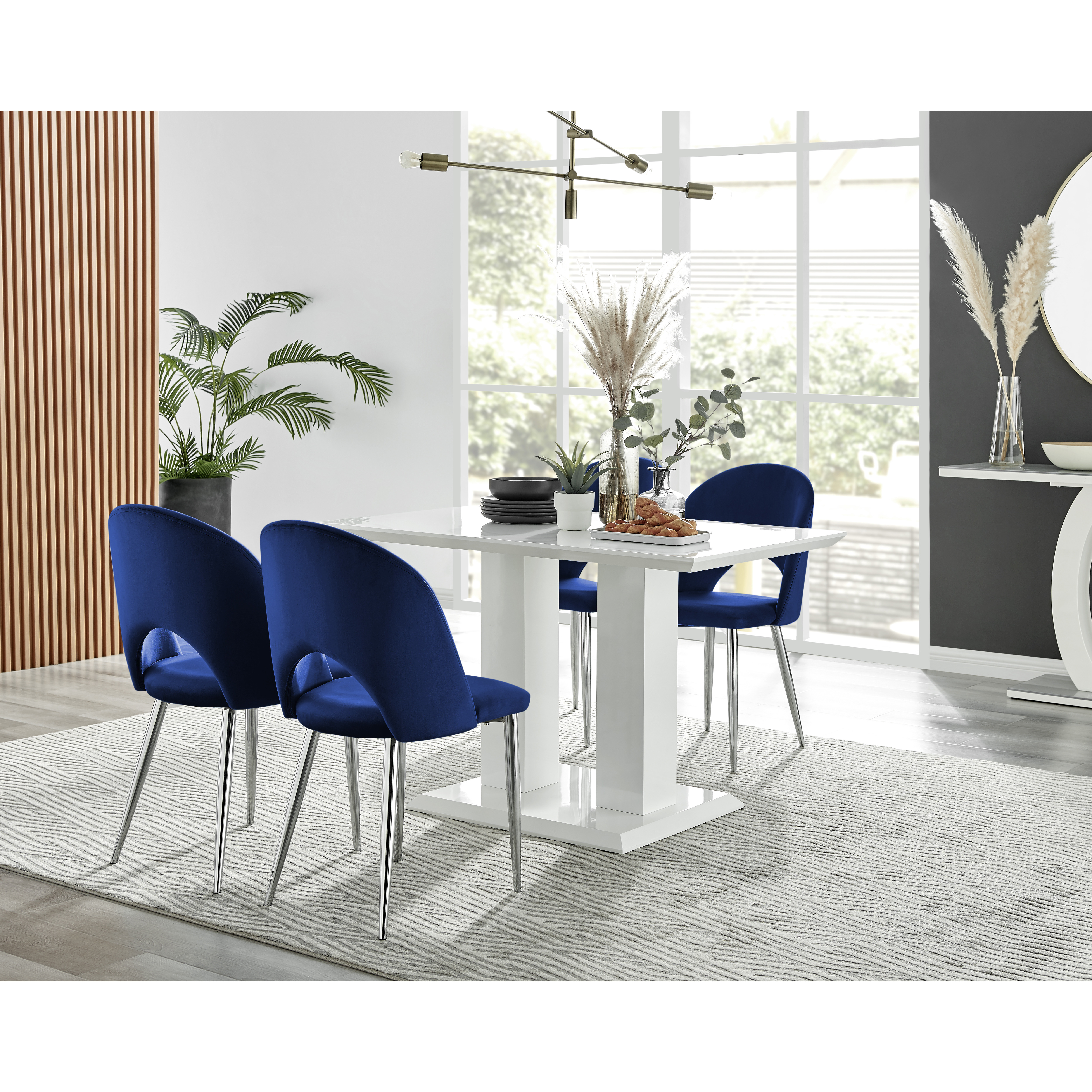 Imperia 4 White Dining Table and 4 Arlon Silver Leg Chairs