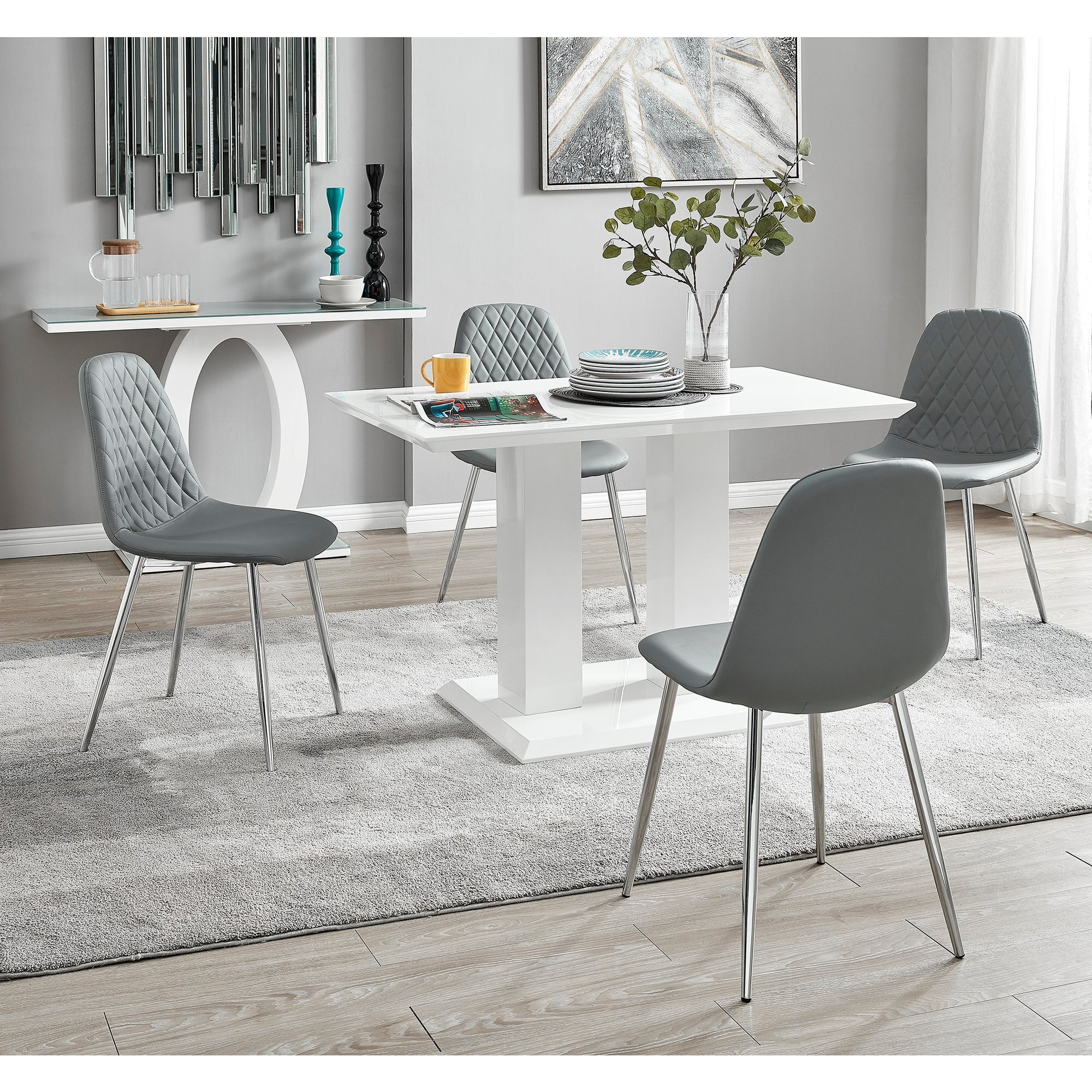 Imperia 4 Modern White High Gloss Dining Table And 4 Corona Silver Chairs Set