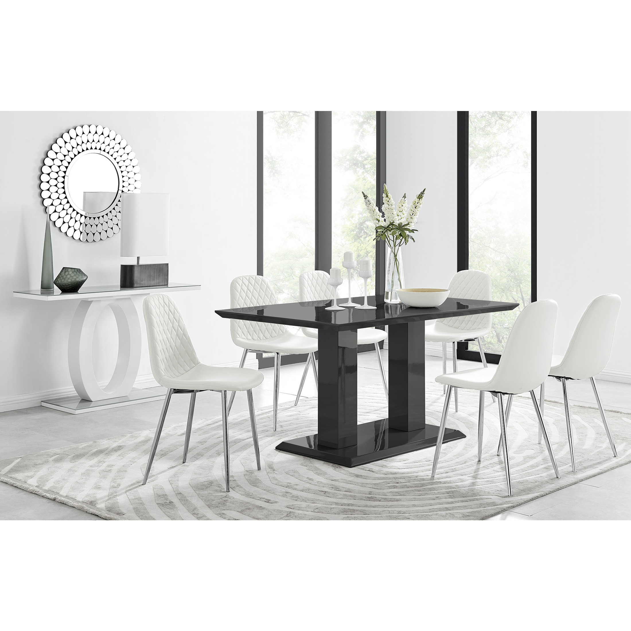 Imperia Black Gloss Dining Table & 6 Silver Leg Chairs - Furniturebox