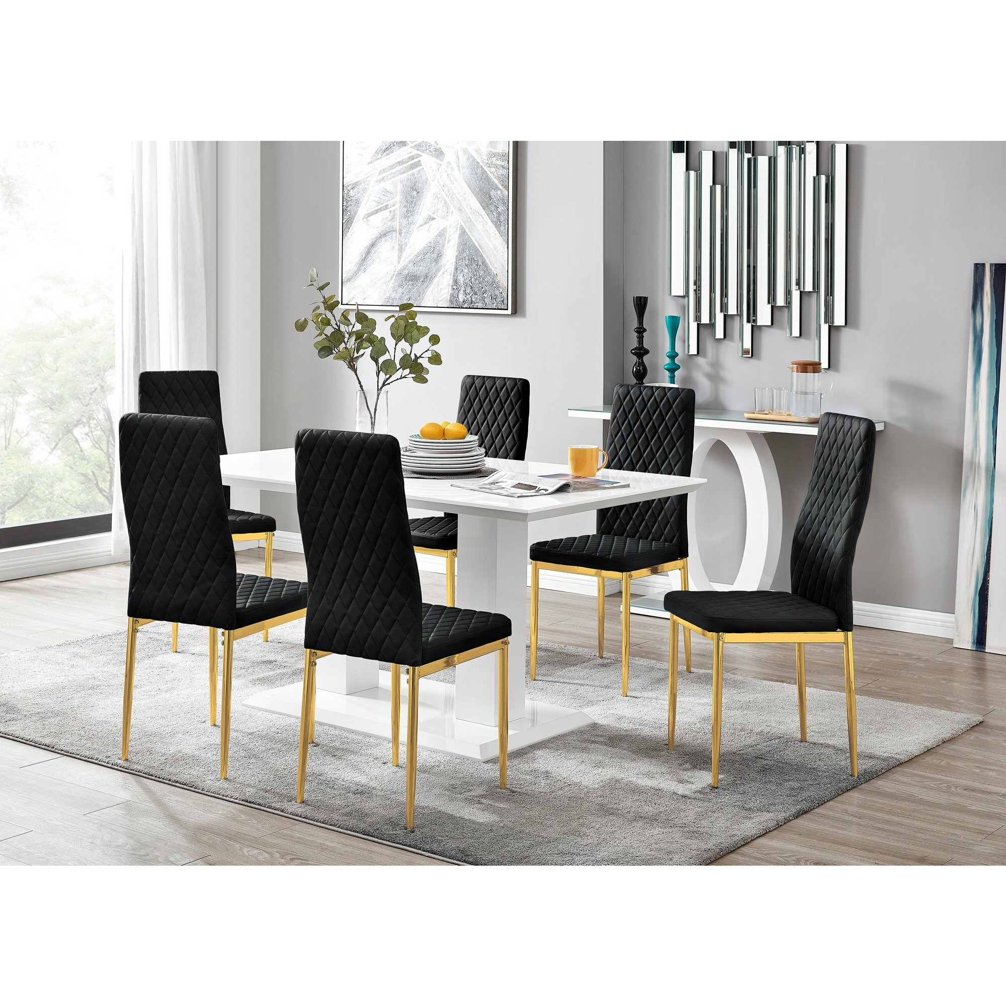 Imperia 6 White Dining Table and 6 Velvet Milan Gold Leg Chairs