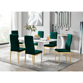 Imperia 6 White Dining Table and 6 Velvet Milan Gold Leg Chairs