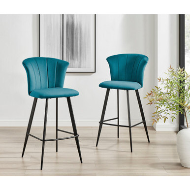 2x Juniper Blue Velvet Black Leg Bar Stools