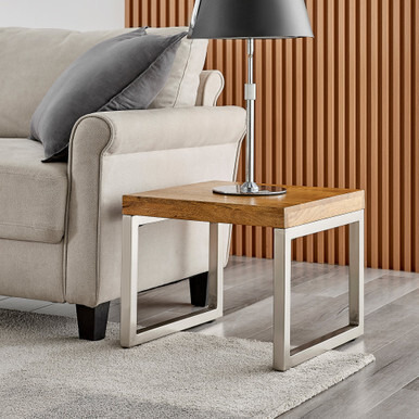 Kinsley Solid Honey Wood & Chrome Metal Leg Side Table - Furniturebox UK
