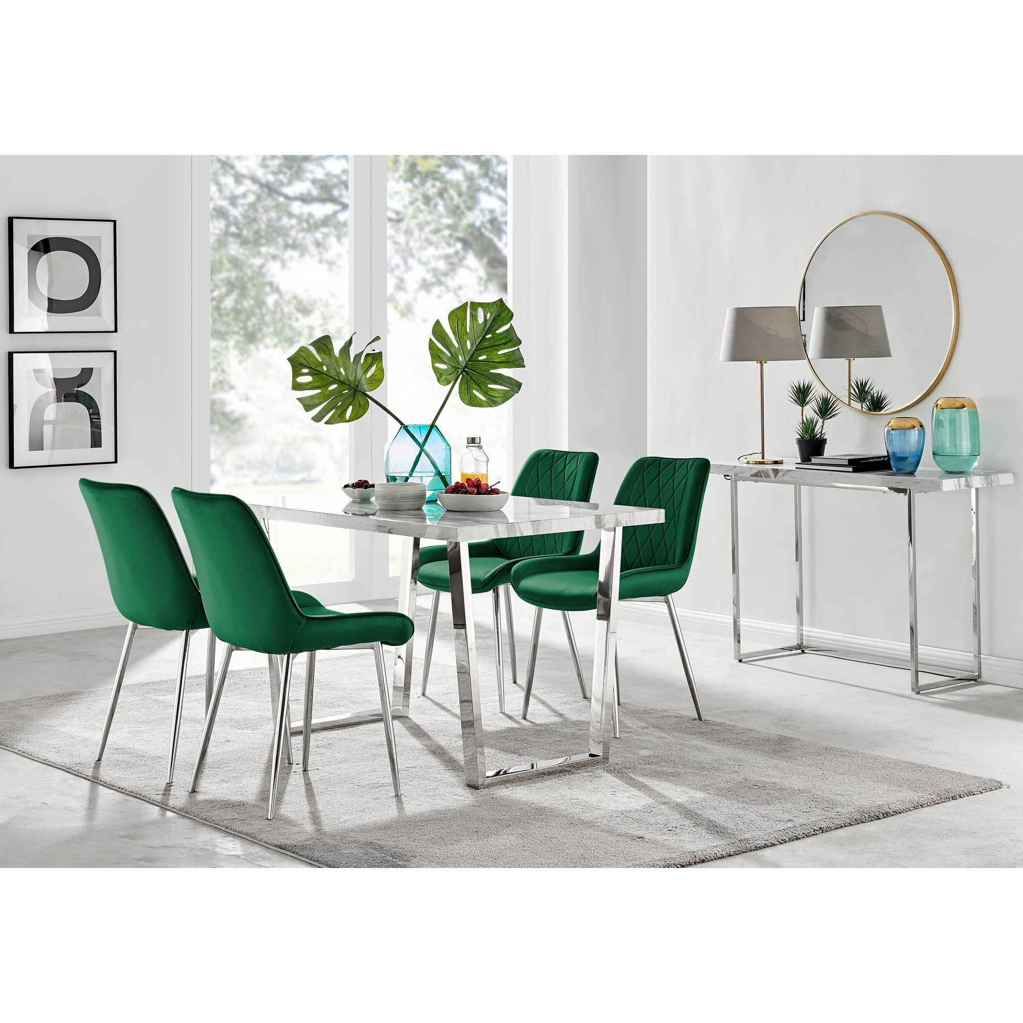 Kylo White Marble Effect Dining Table & 4 Pesaro Silver Chairs