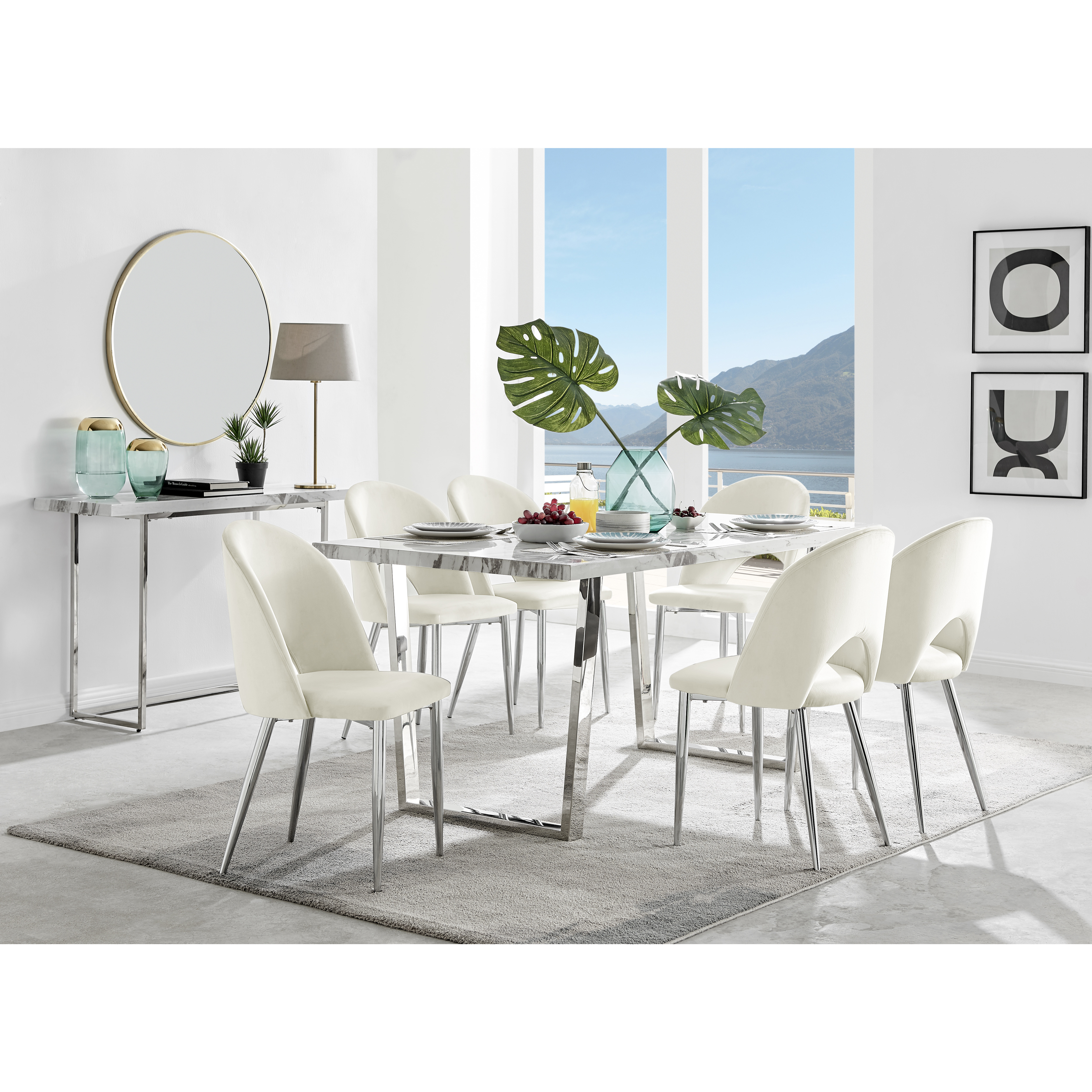 Kylo White Marble Effect Dining Table & 6 Arlon Silver Leg Chairs