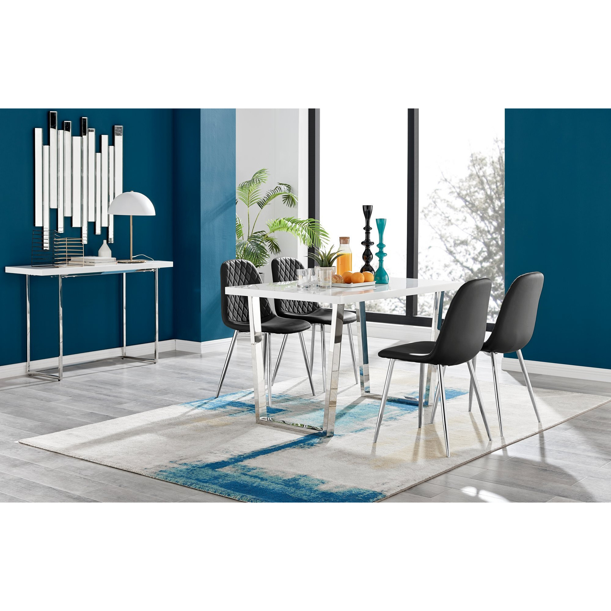 Kylo White High Gloss Dining Table & 4 Corona Silver Chairs
