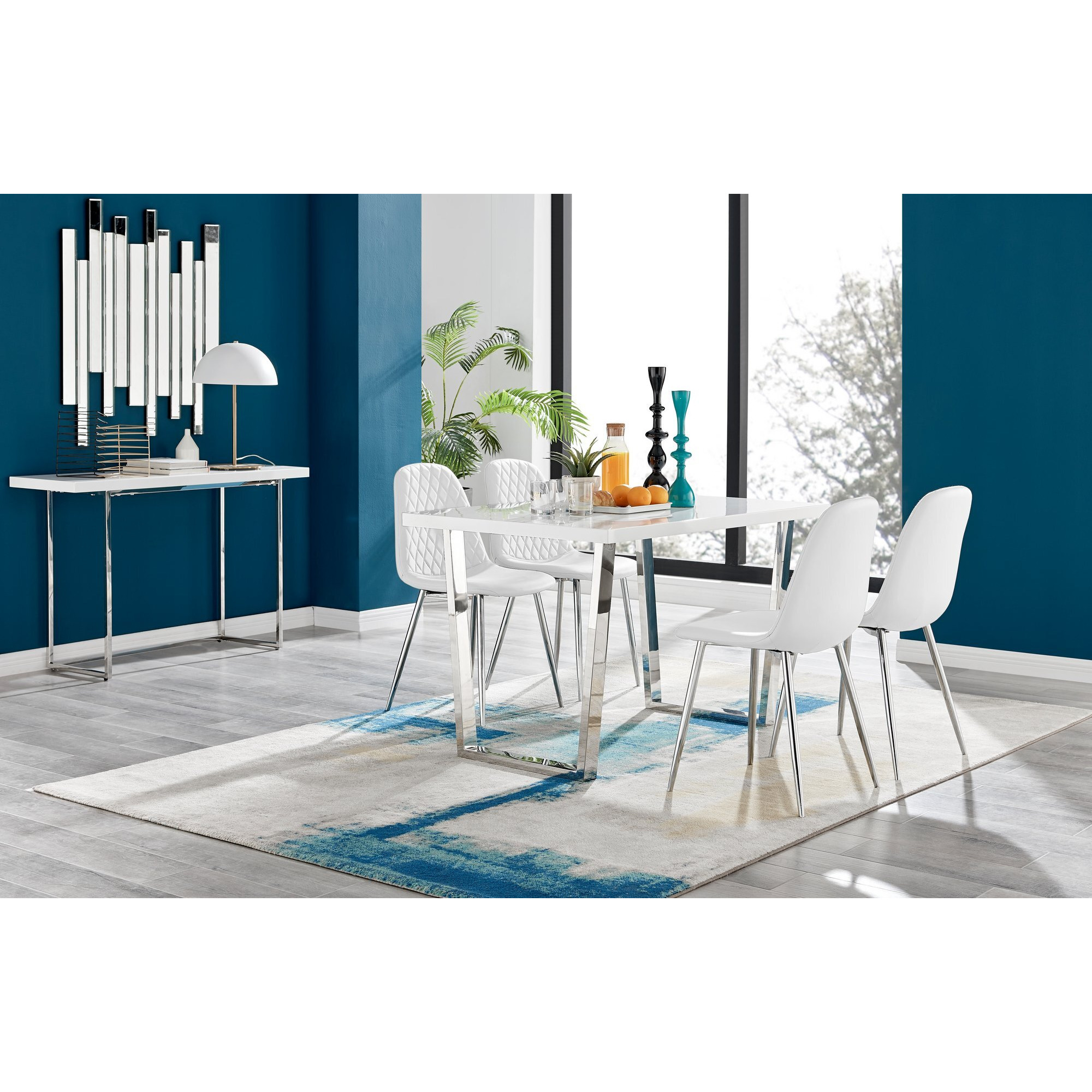 Kylo White High Gloss Dining Table & 4 Corona Silver Chairs