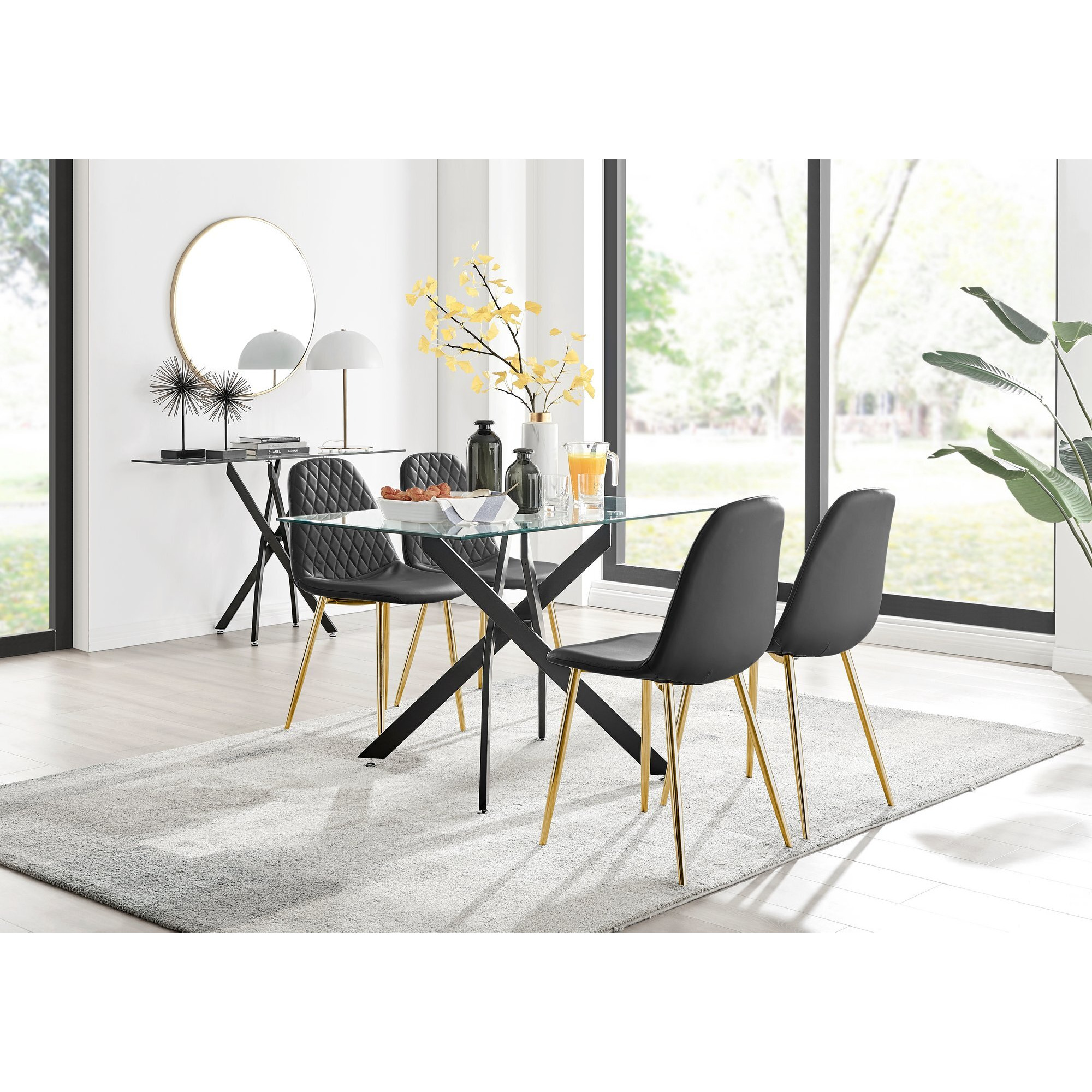 Leonardo Black Leg Glass Dining Table & 4 Corona Gold Leg Chairs