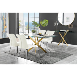 Leonardo Gold Leg Glass Dining Table & 4 Nora Silver Leg Chairs