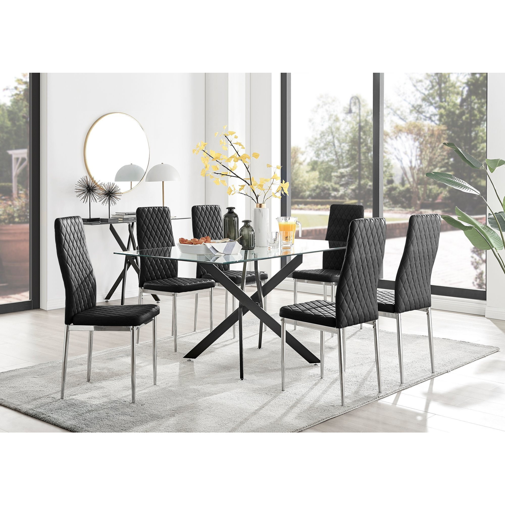 Leonardo Black Leg Glass Dining Table & 6 Velvet Milan Chairs