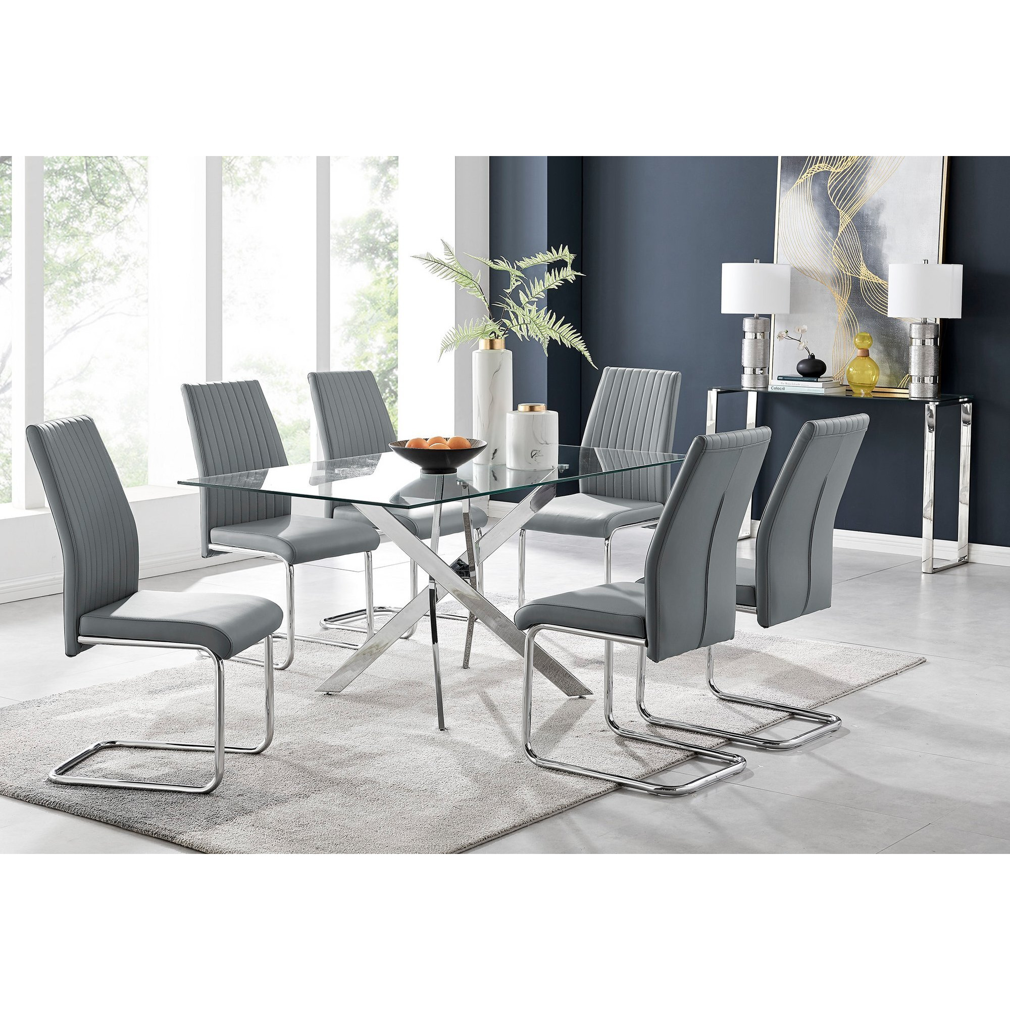 Leonardo Glass And Chrome Metal Dining Table And 6 Lorenzo Chairs
