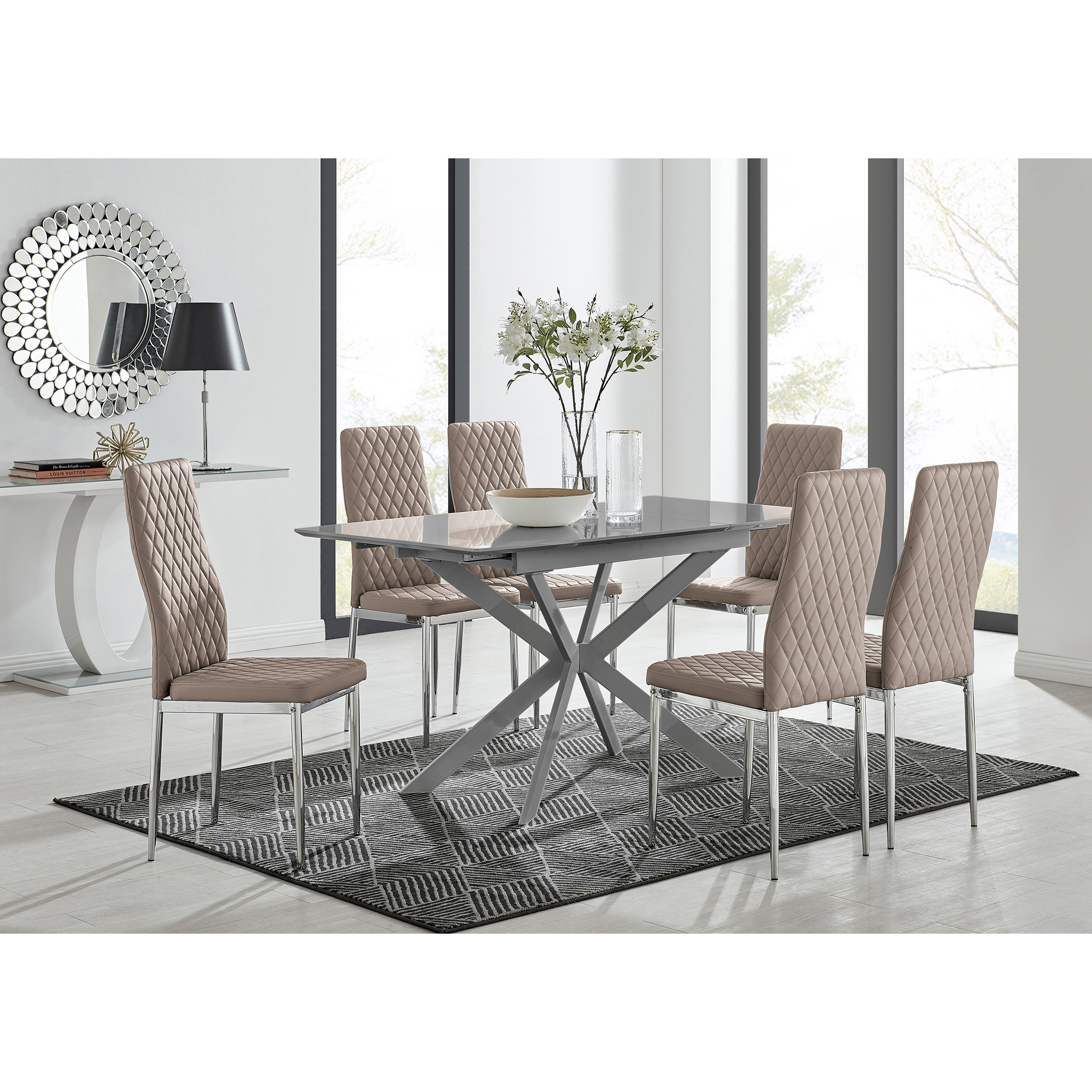 LIRA 120cm White Extending Dining Table and 6 Faux Leather Milan Dining  Chairs
