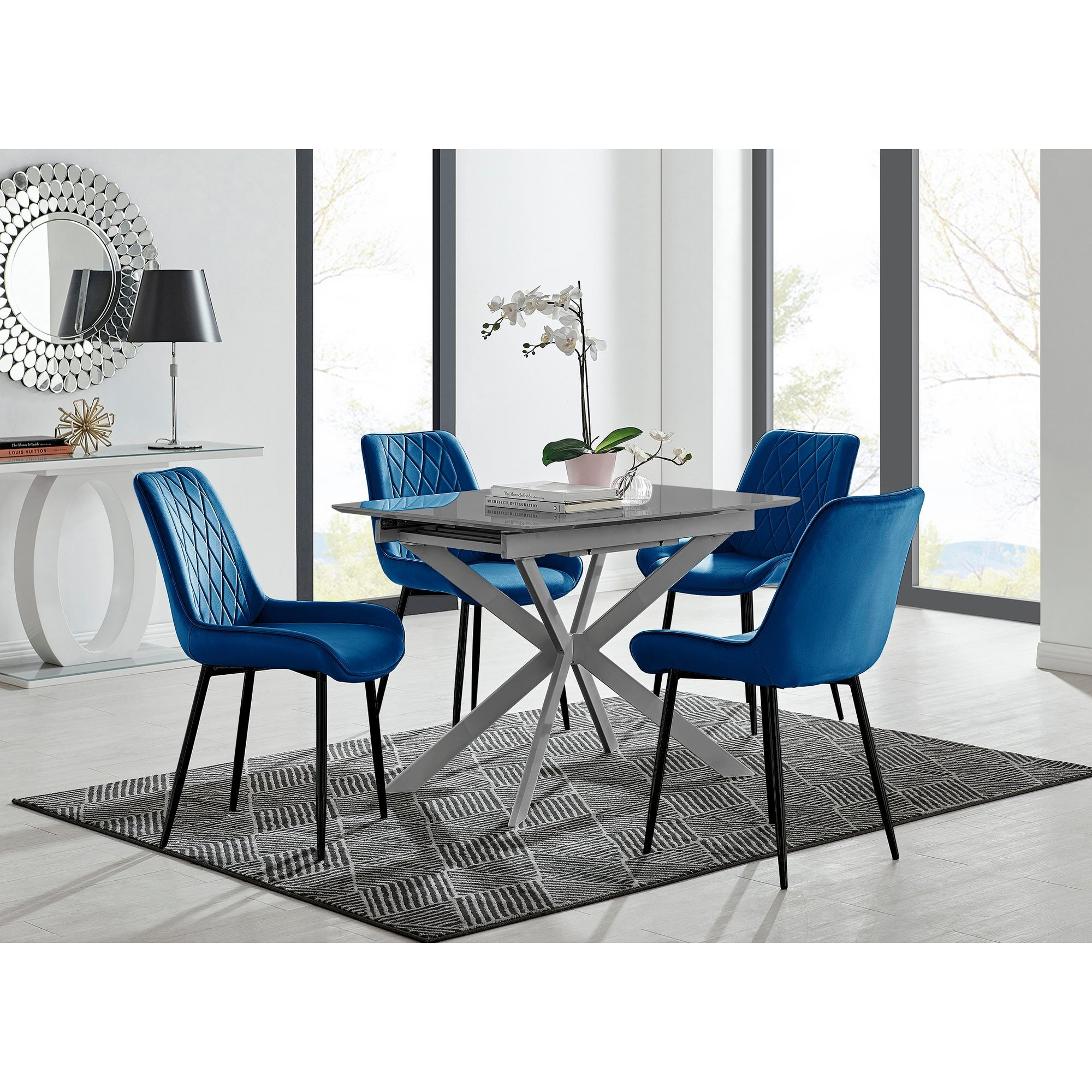 Lira 120cm Grey Metal Extending Dining Table & 4 Pesaro Black Leg Chairs