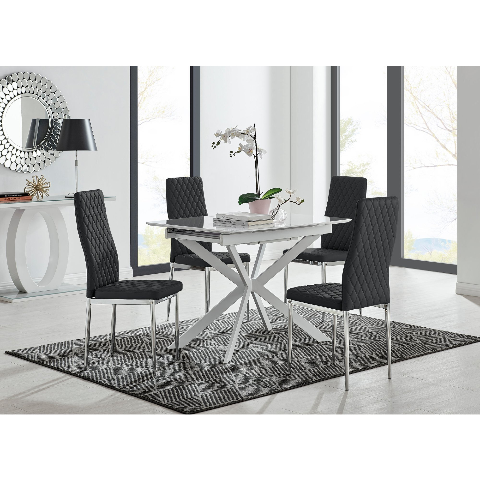 Lira 120 Extending Dining Table and 4 Milan Chrome Leg Chairs