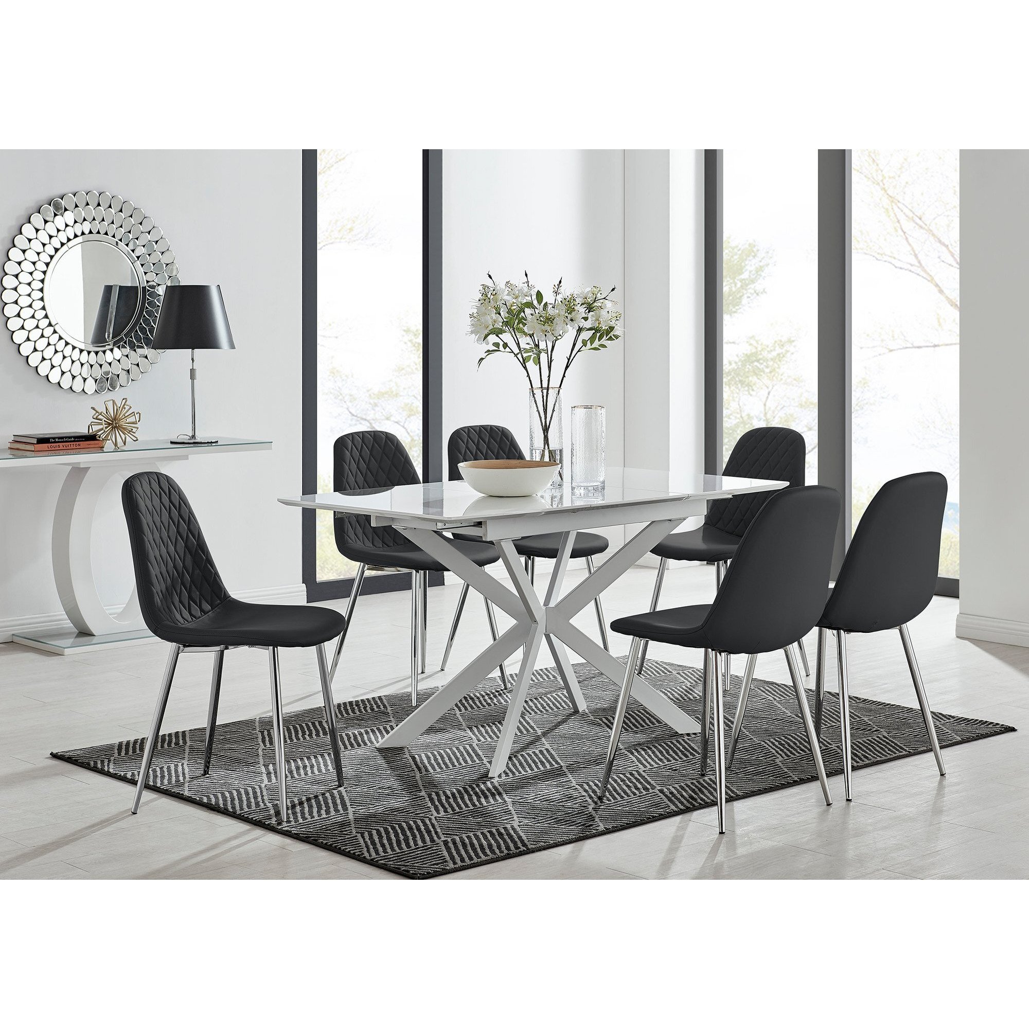 Lira 120 Extending Dining Table and 6 Corona Silver Leg Chairs