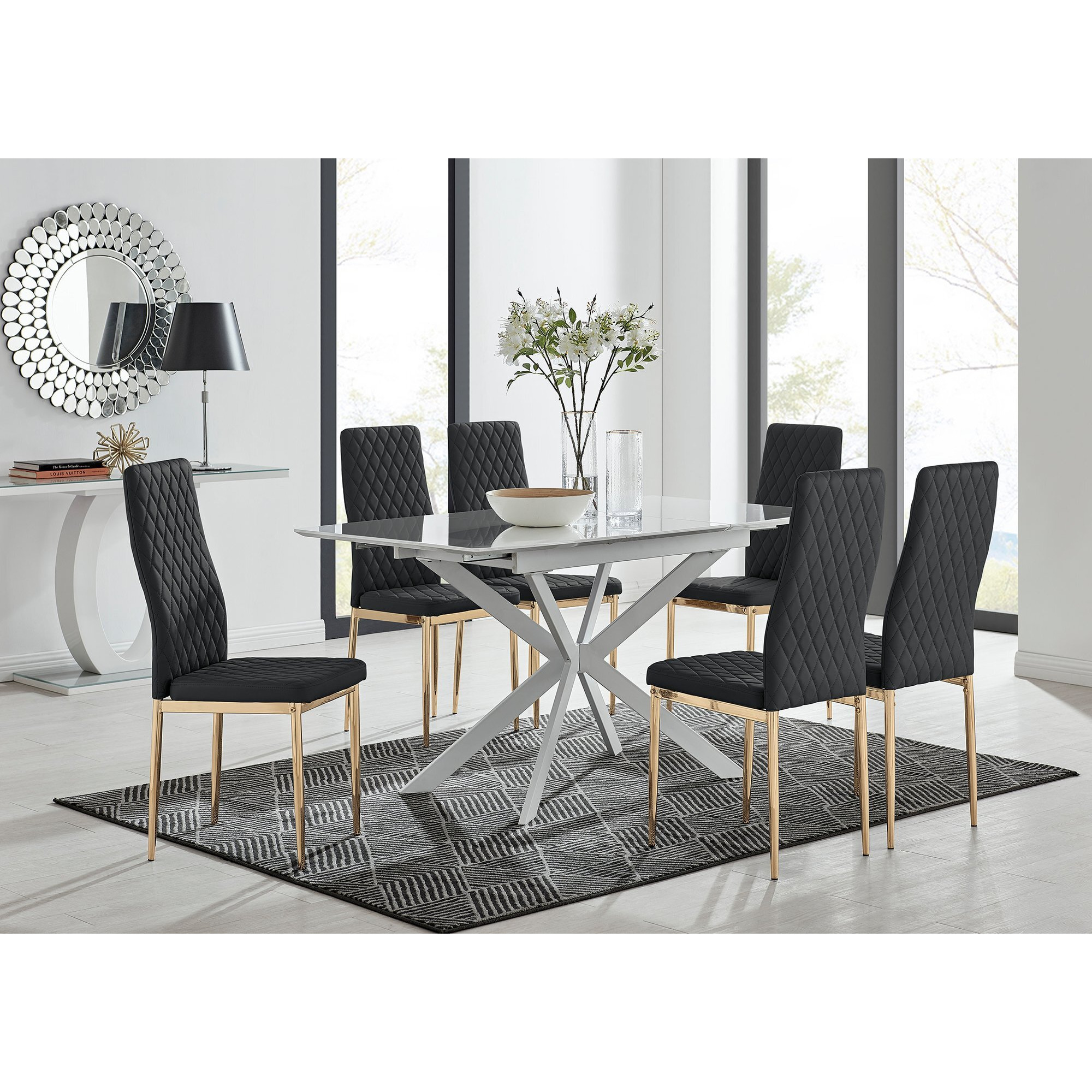 Lira 120 Extending Dining Table and 6 Milan Gold Leg Chairs