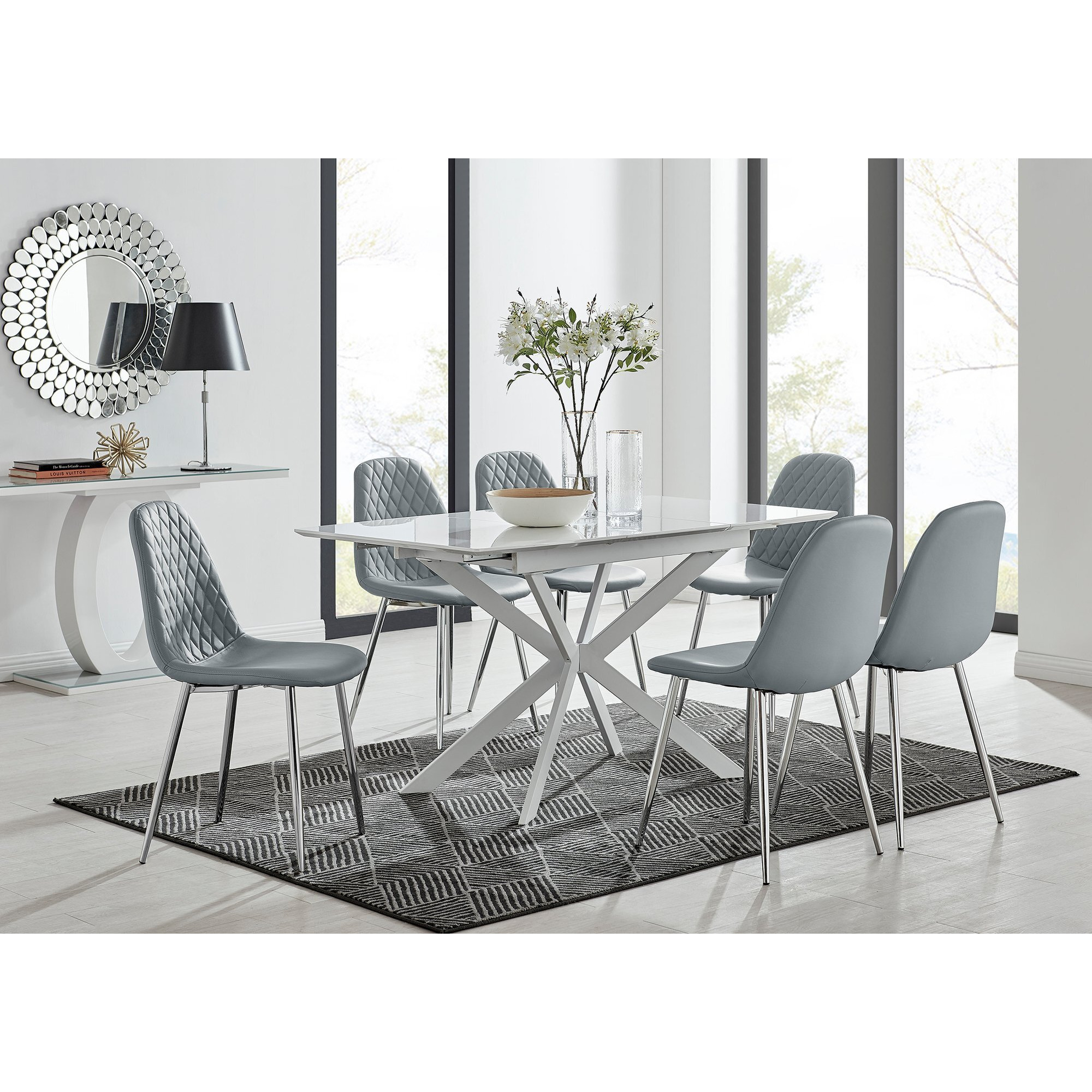 Lira 120 Extending Dining Table and 6 Corona Silver Leg Chairs