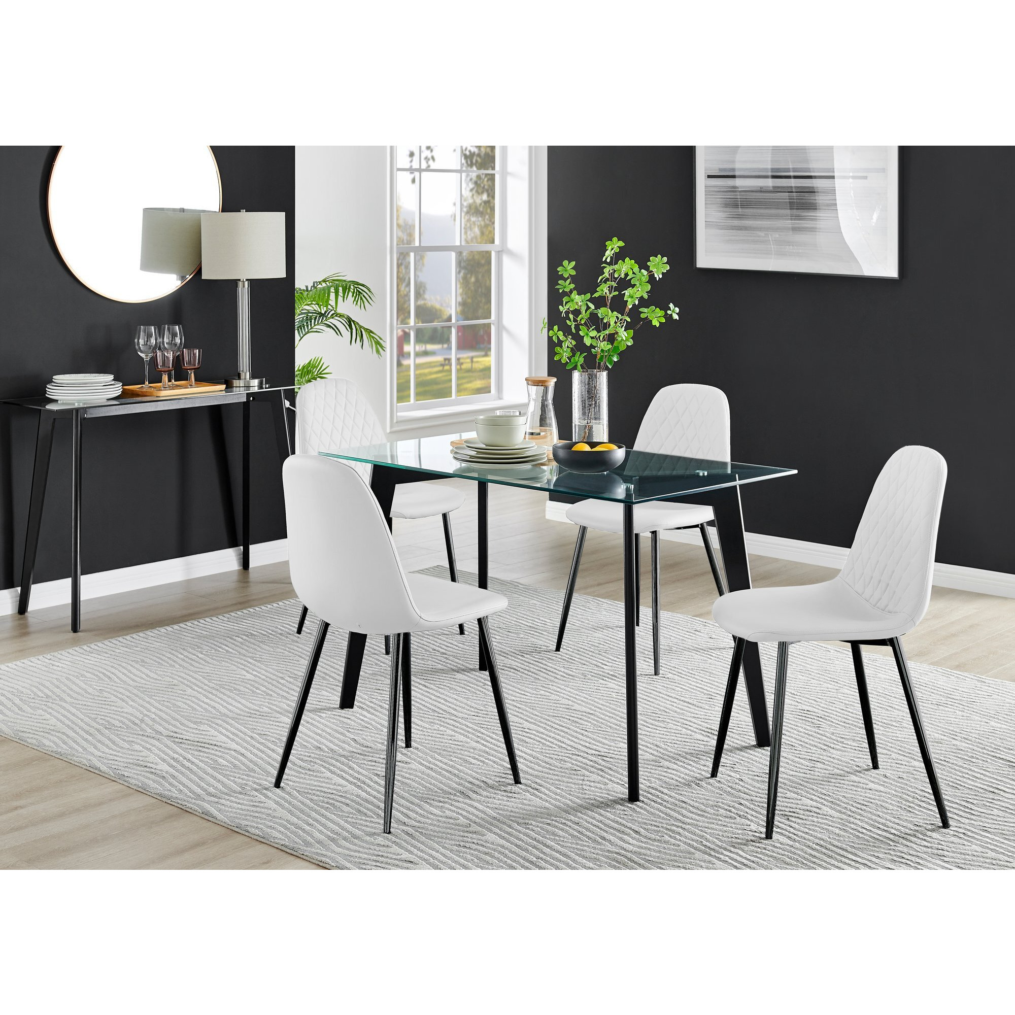 Malmo Glass and Black Leg Dining Table & 4 Corona Black Leg Chairs
