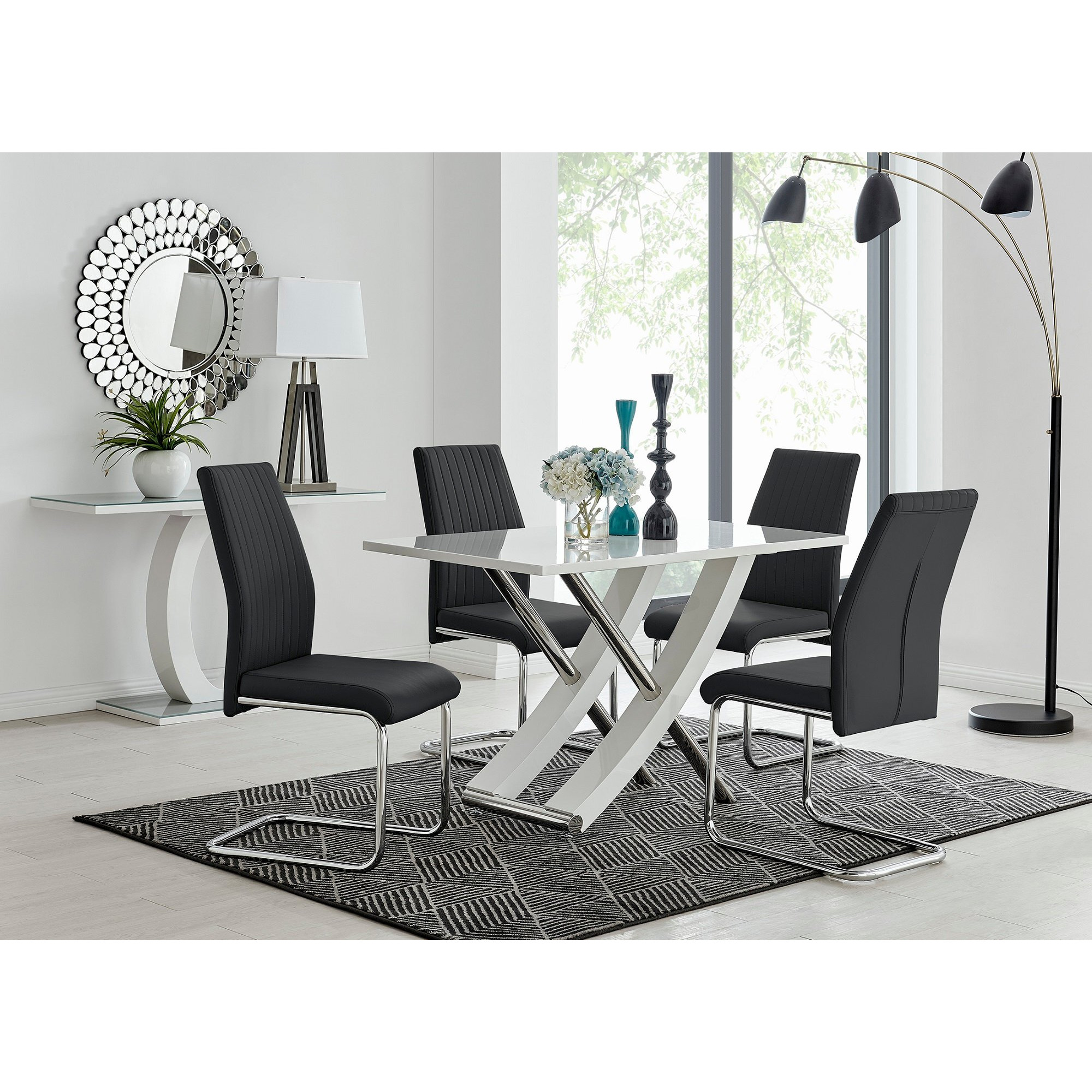 Mayfair 4 White High Gloss And Stainless Steel Dining Table And 4 Lorenzo Chairs Set