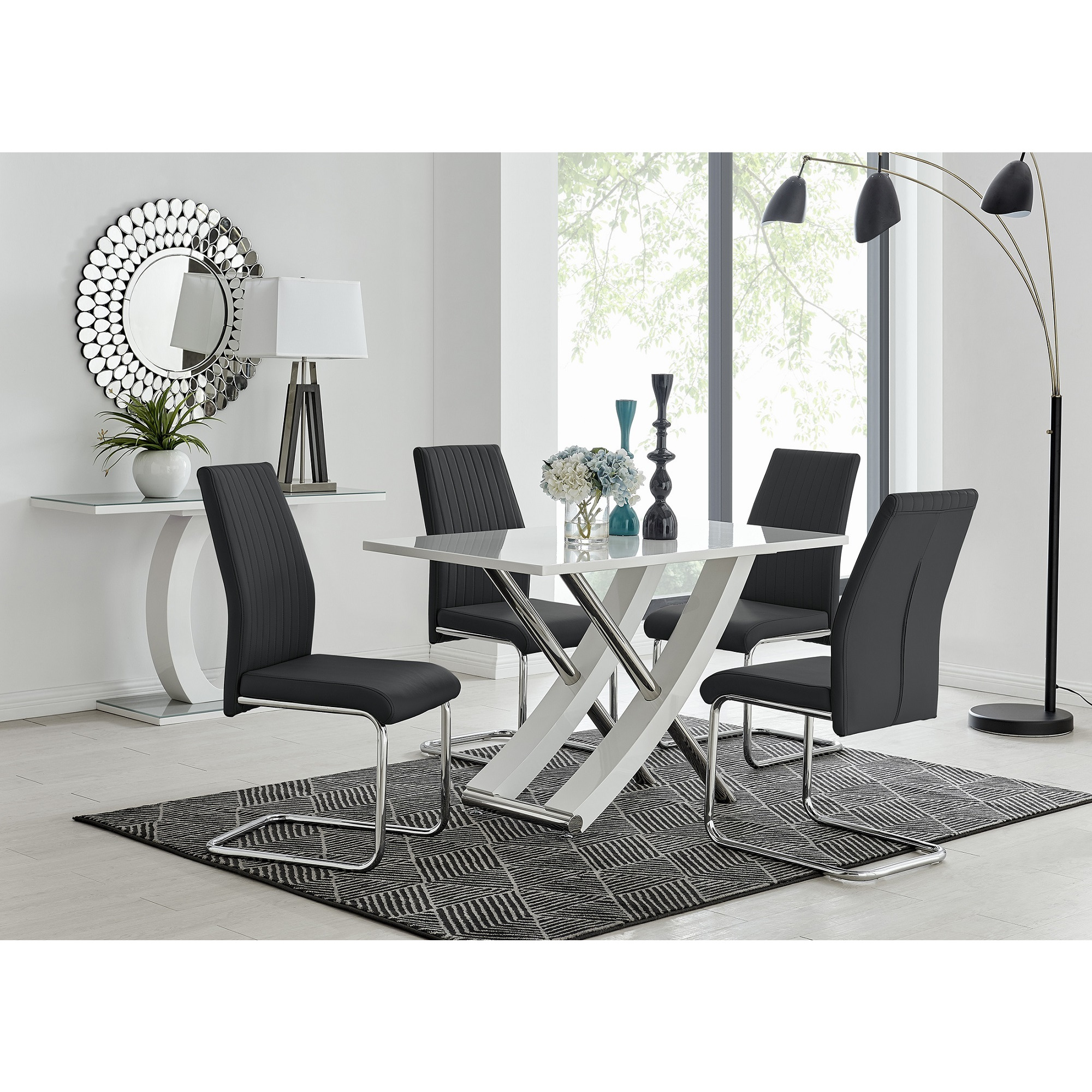 Mayfair 4 White High Gloss And Stainless Steel Dining Table And 4 Lorenzo Chairs Set