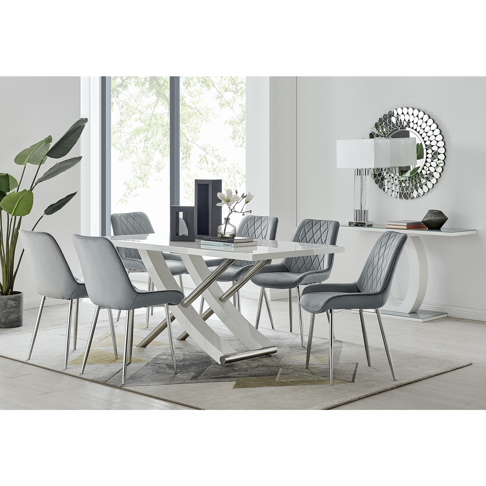 Mayfair 6 Dining Table and 6 Pesaro Silver Leg Chairs