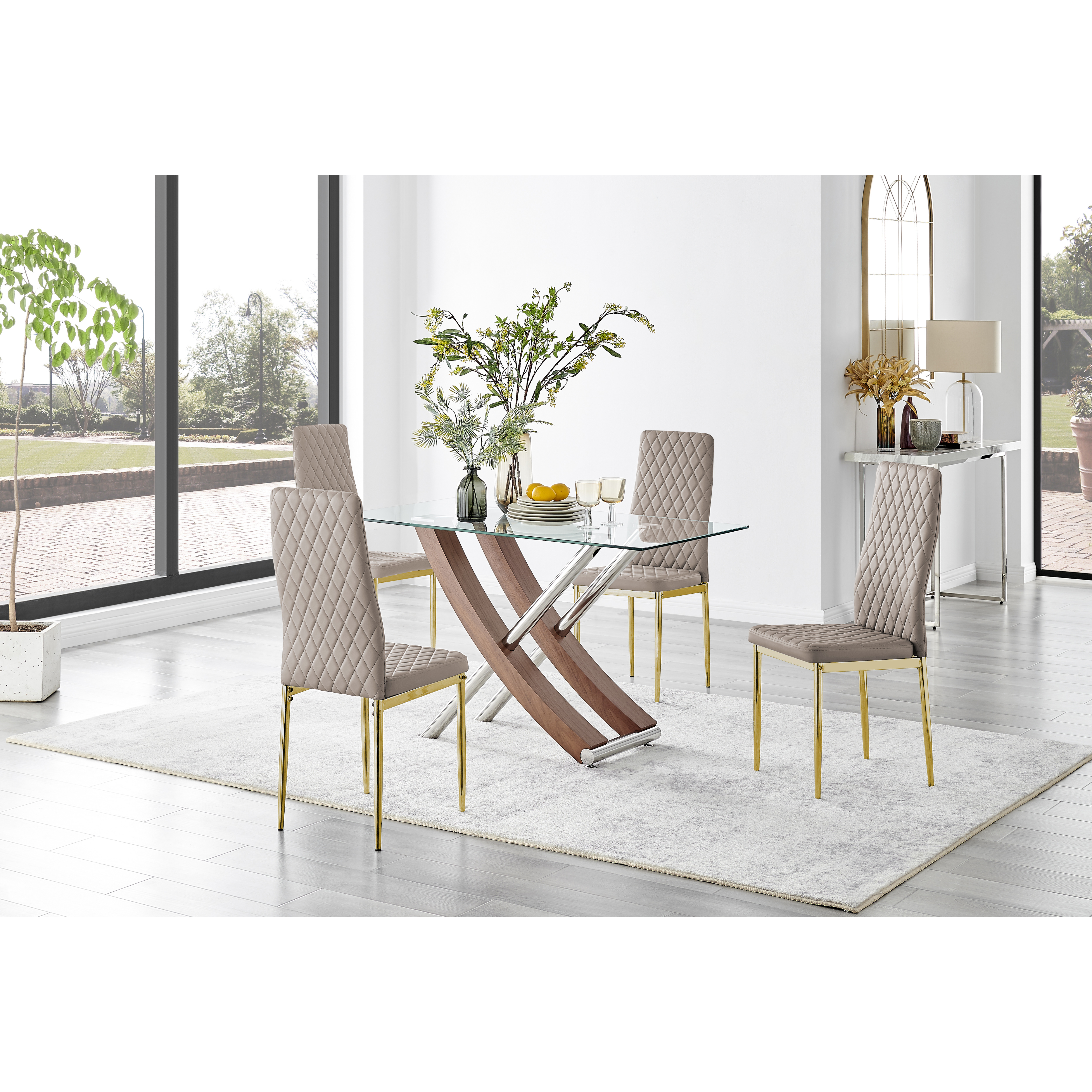 Mayfair Glass & Brown Wood Effect Dining Table & 4 Milan Gold Leg Chairs
