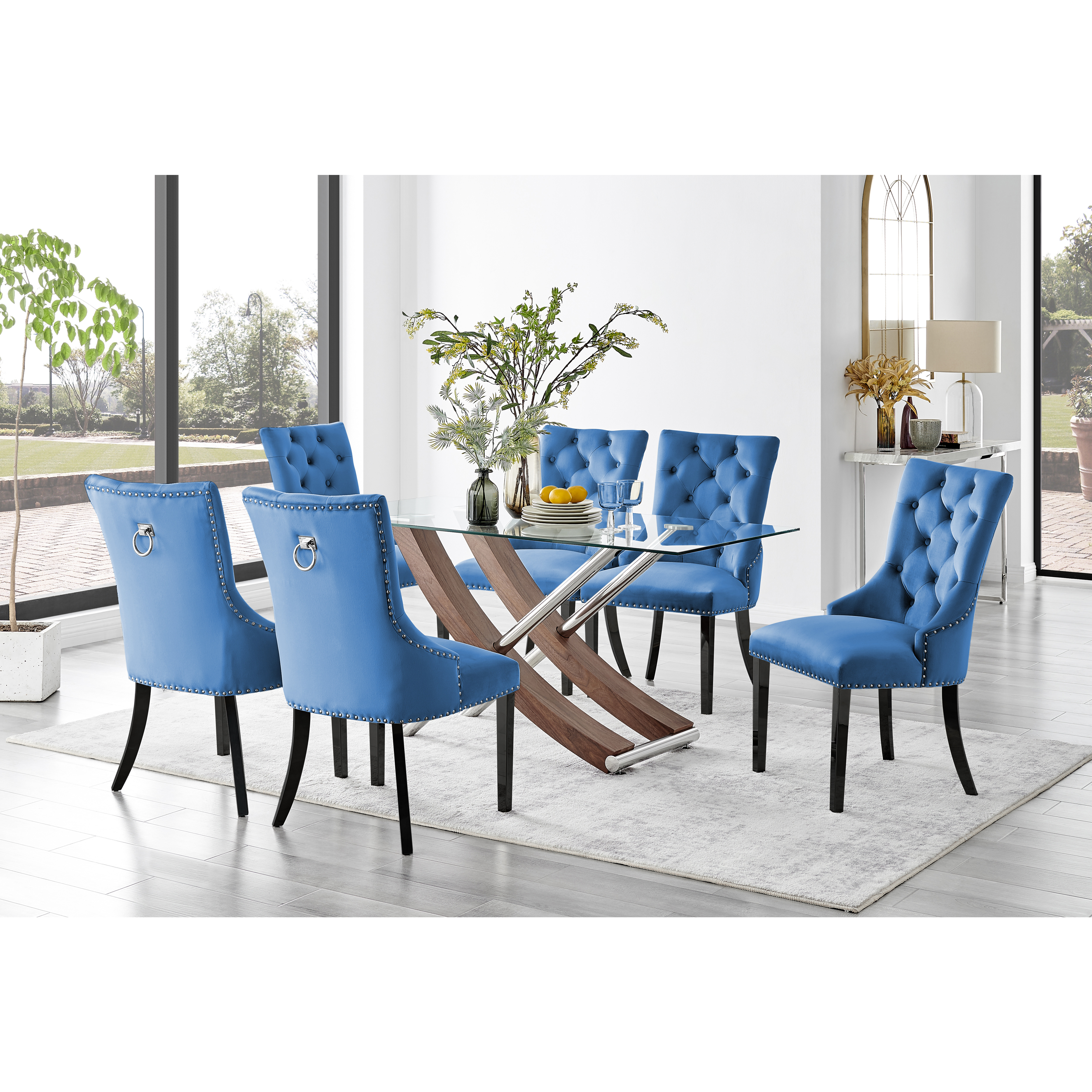 Mayfair Glass & Brown Wood Effect Dining Table & 6 Belgravia Black Leg Chairs