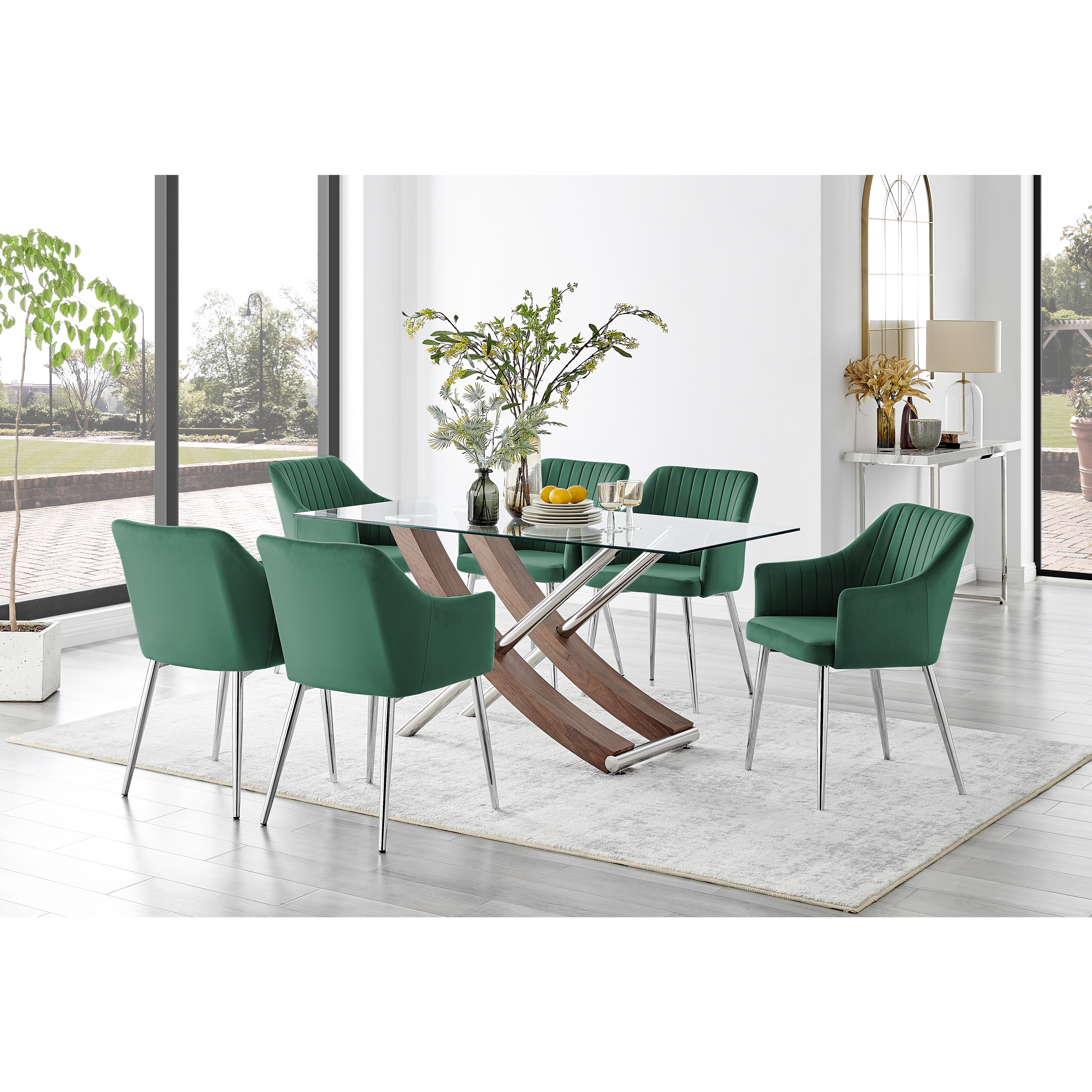 Mayfair Glass & Brown Wood Effect Dining Table & 6 Calla Silver Leg Chairs