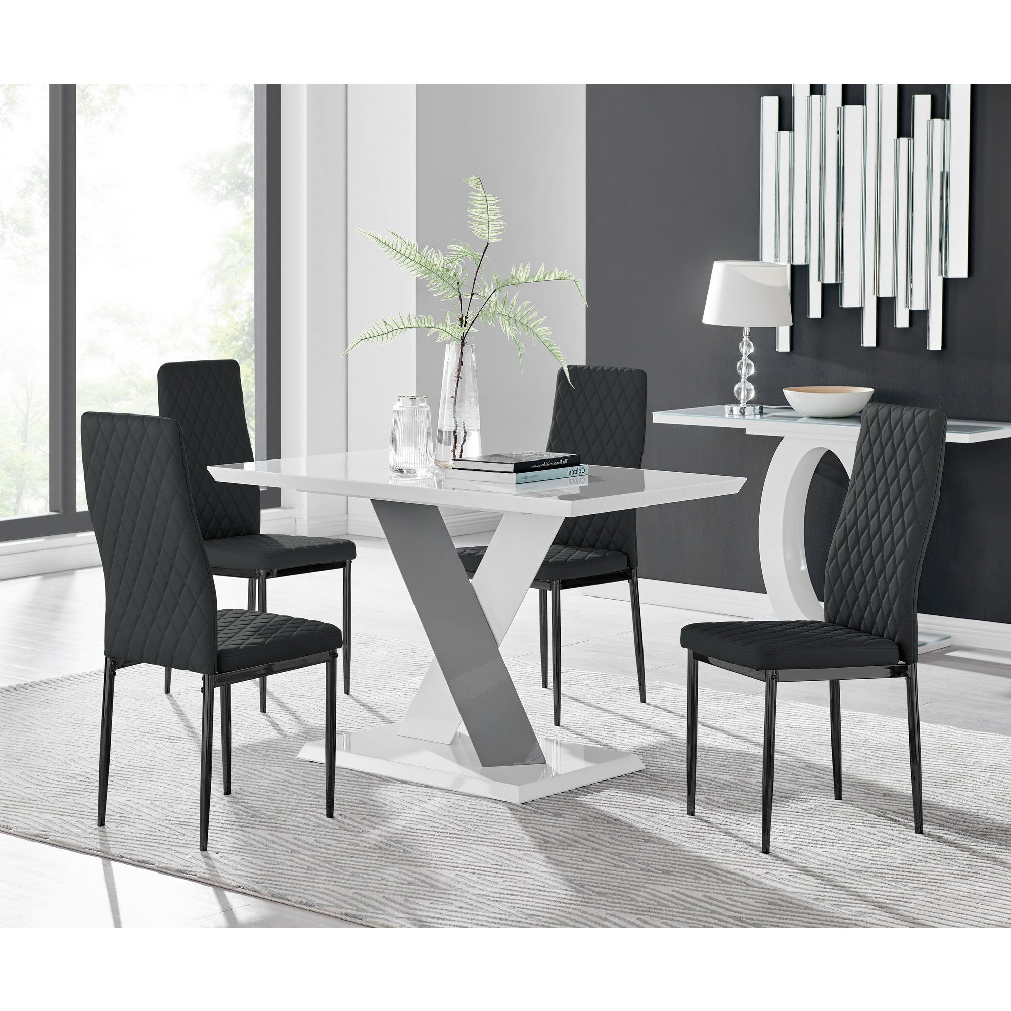Monza 4 White/Grey Dining Table & 4 Milan Black Leg Chairs
