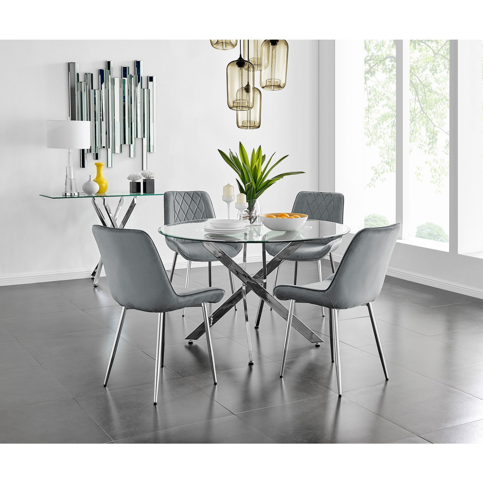 Novara 120cm Round Dining Table and 4 Pesaro Silver Leg Chairs