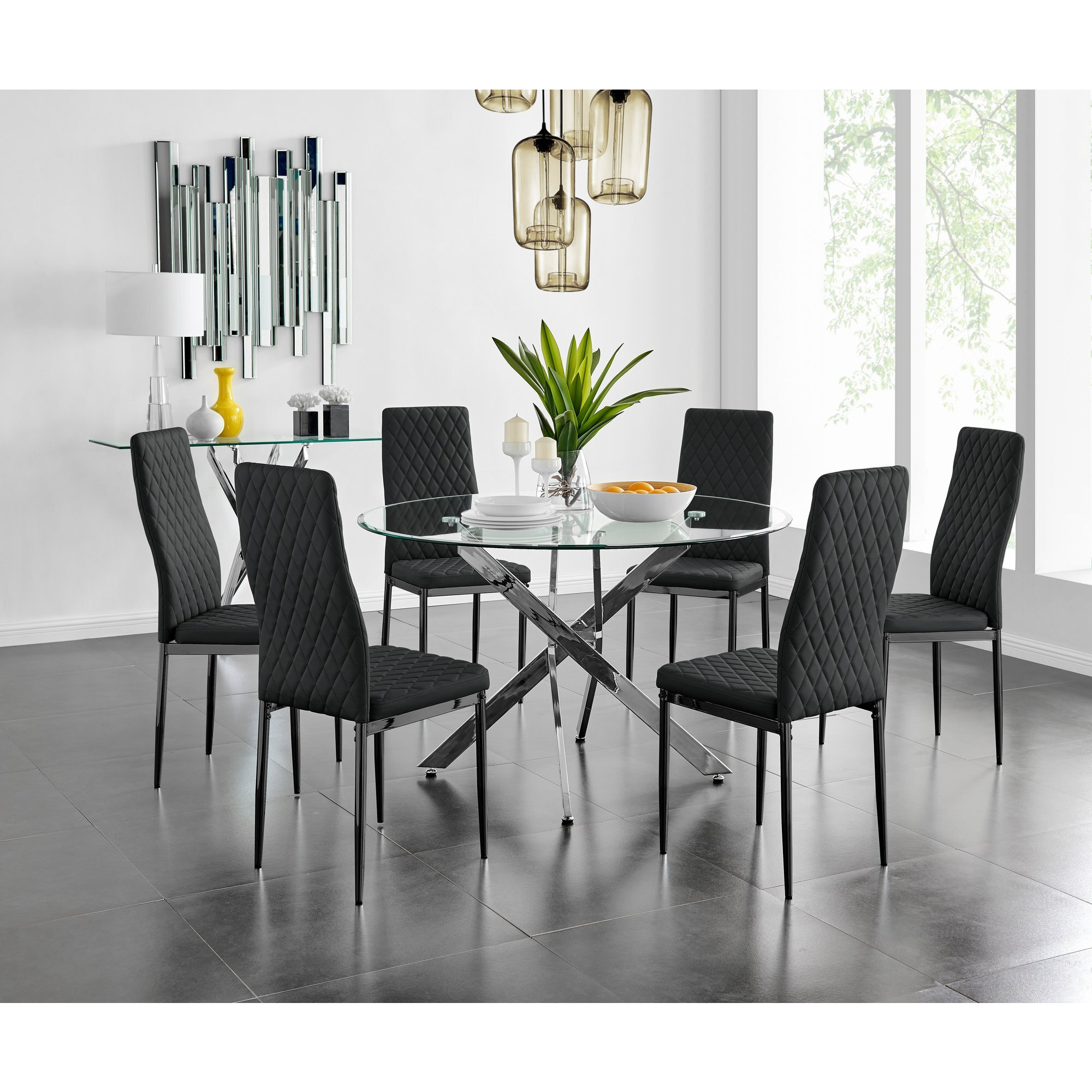 Novara 120cm Round Dining Table and 6 Milan Black Leg Chairs