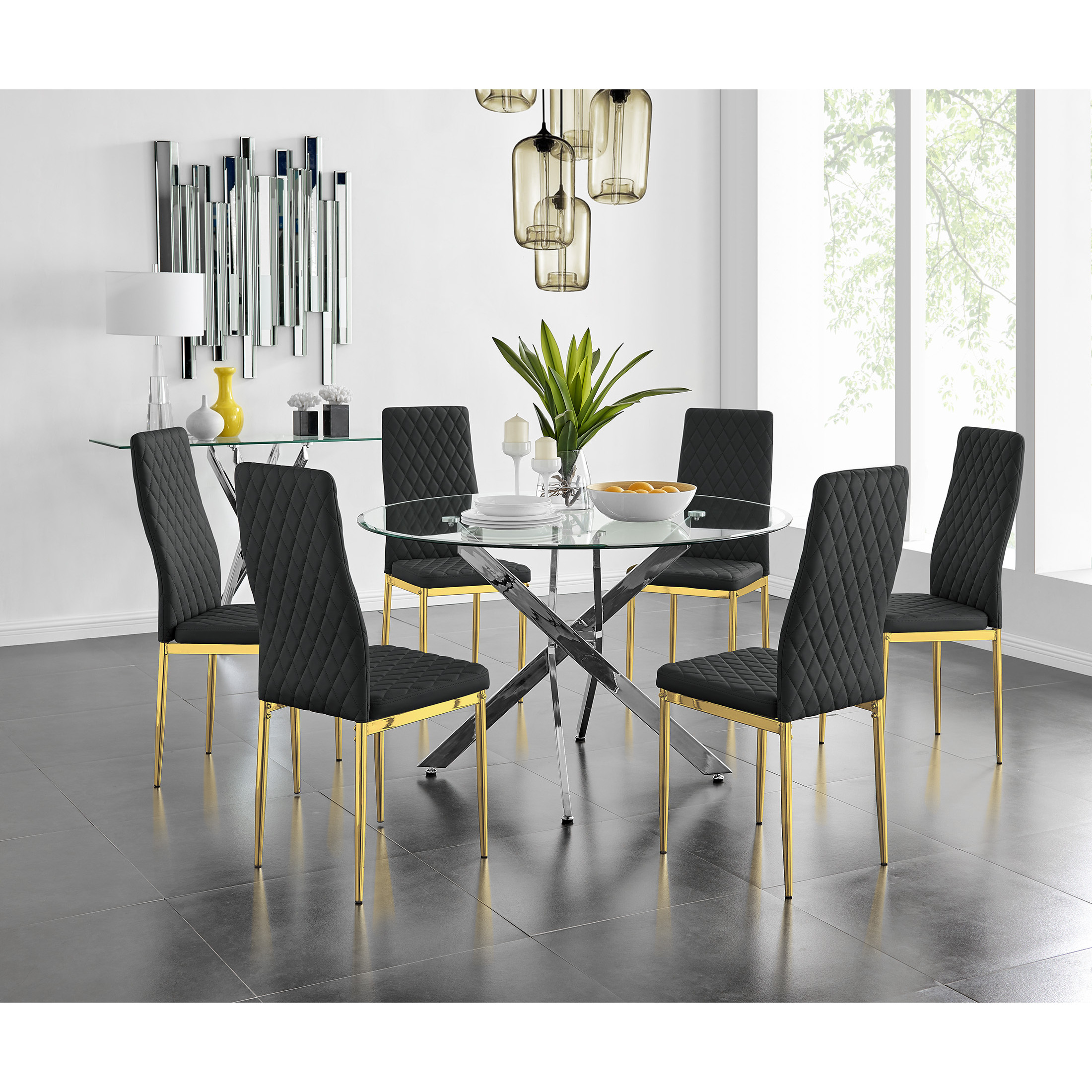 120cm Round Dining Table & 6 Gold Leg Chairs - Furniturebox