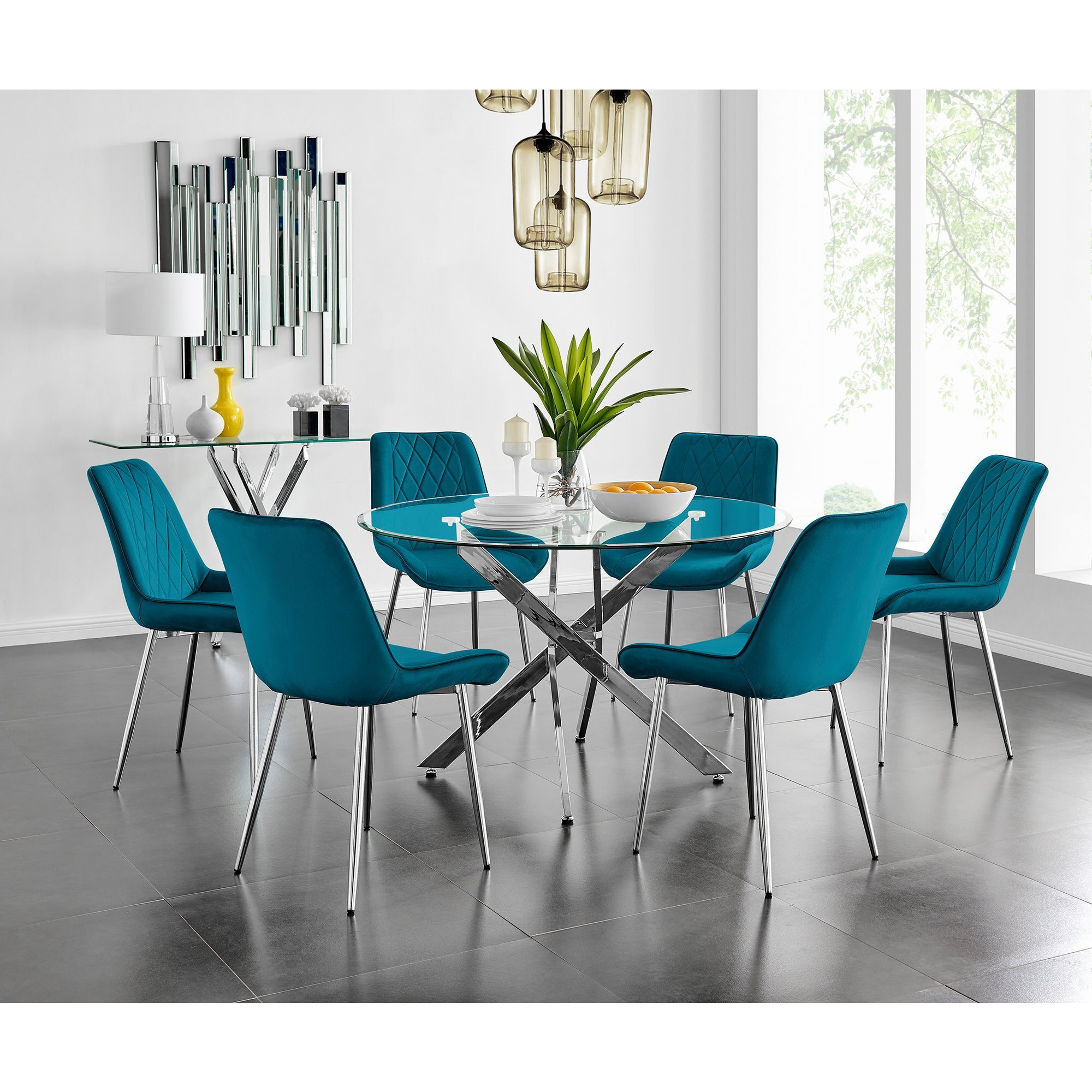 Novara 120cm Round Dining Table and 6 Pesaro Silver Leg Chairs