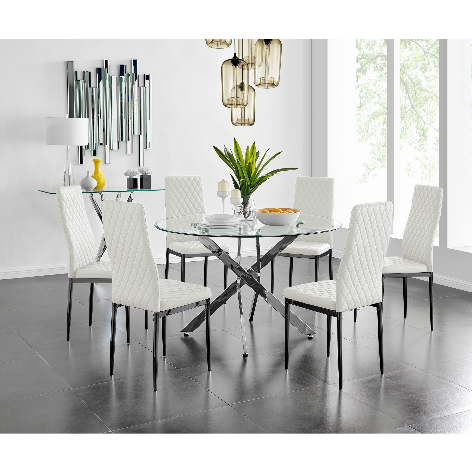 Novara 120cm Round Dining Table and 6 Milan Black Leg Chairs