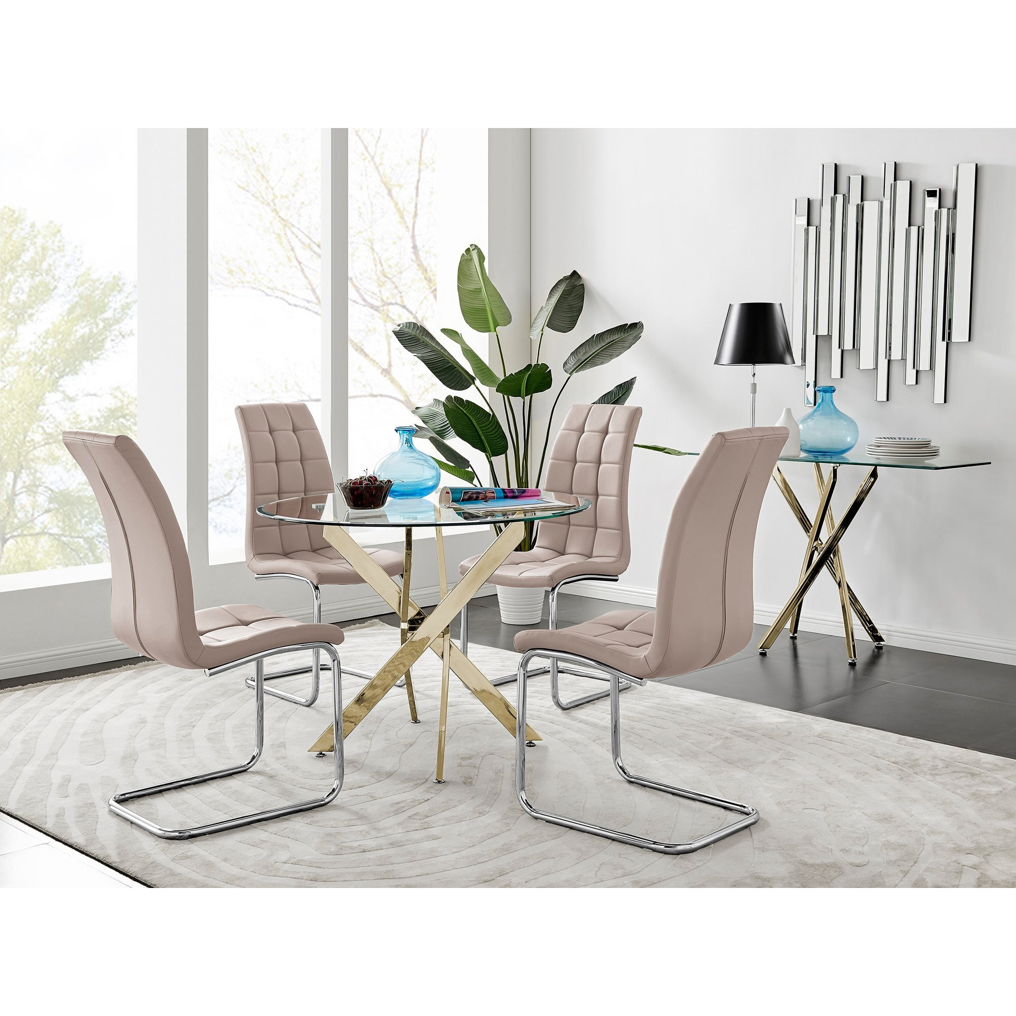 Novara Gold Metal 100cm Round Glass Dining Table And 4 Murano Dining Chairs