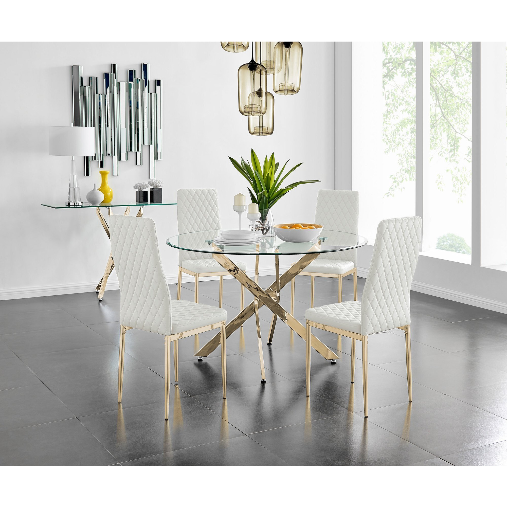 Novara 120cm Gold Round Dining Table and 4 Gold Leg Milan Chairs